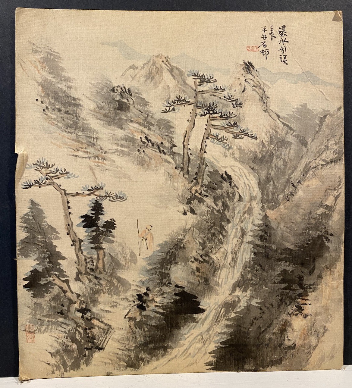 Hand Painted Chinese Landscape on Fabric w/ Two Seals Scholar Mountain Scene