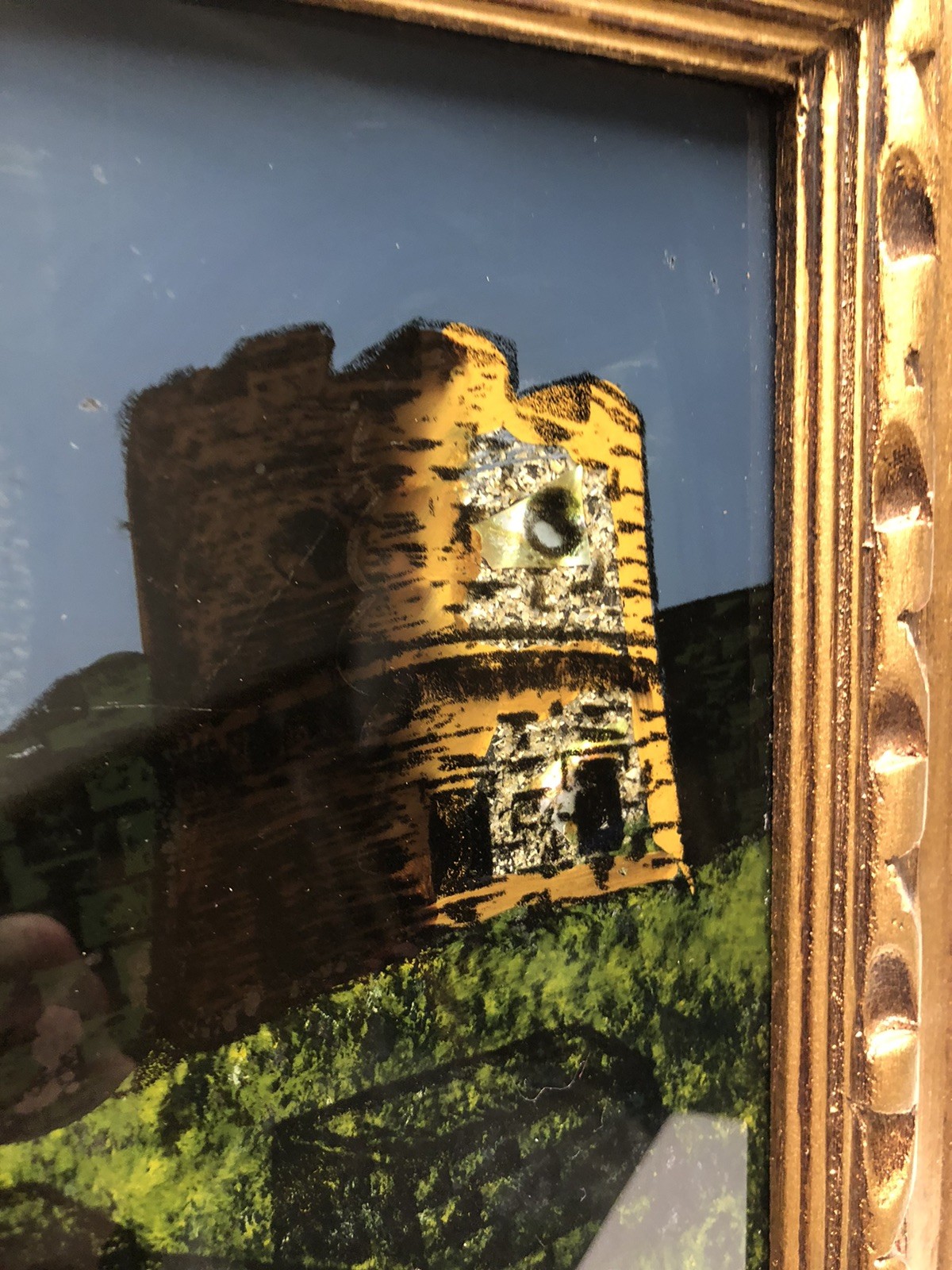 Unique VTG Castle Scene Reverse Painted On Glass With Abalone Shells Wood Frame
