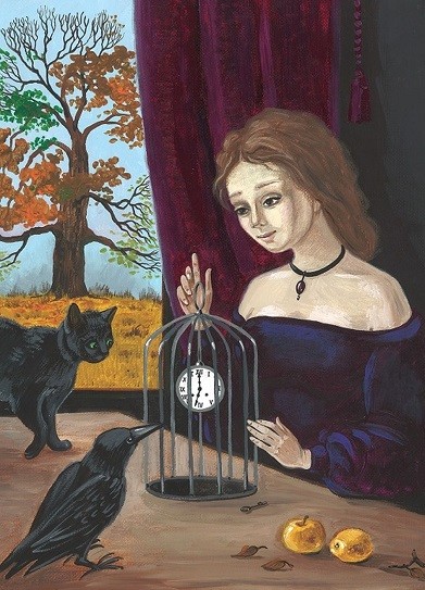 5×7 PRINT OF PAINTING RYTA RAVEN CROW HALLOWEEN BLACK CAT Witch CLOCK Folk Art