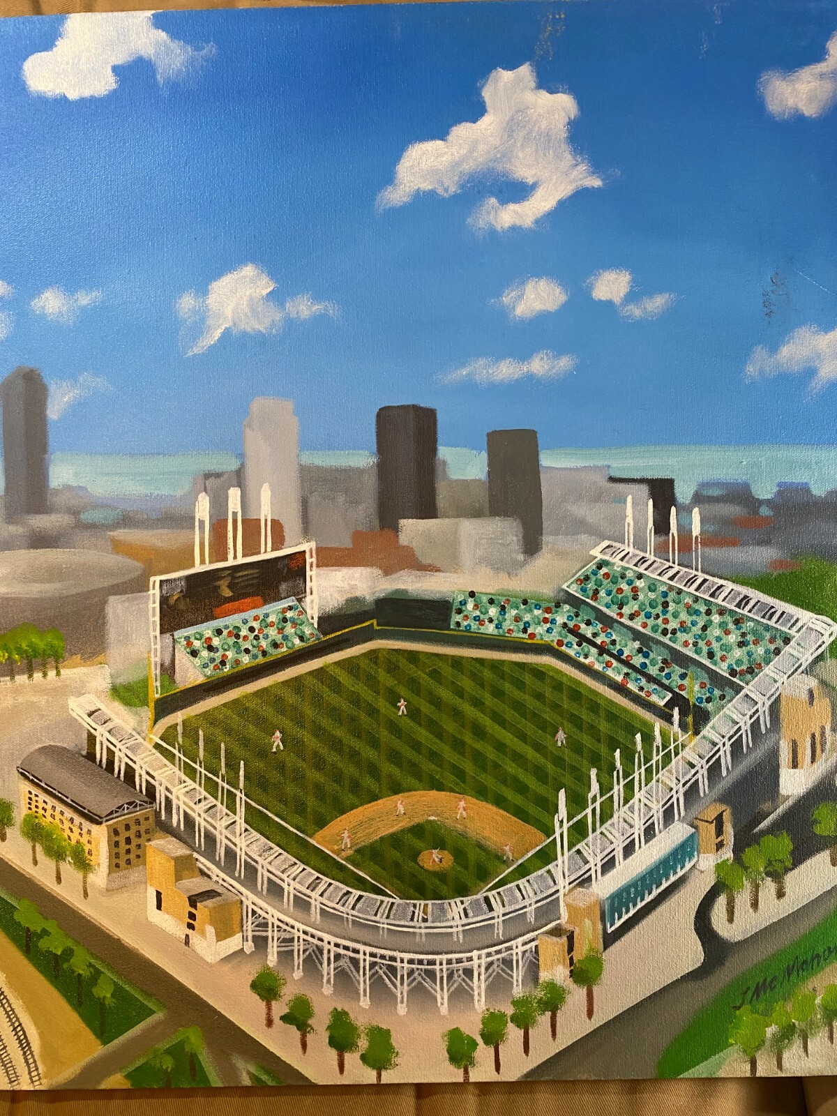John McMahon «Jacobs Field Cleveland Ohio» Oil Painting – Signed