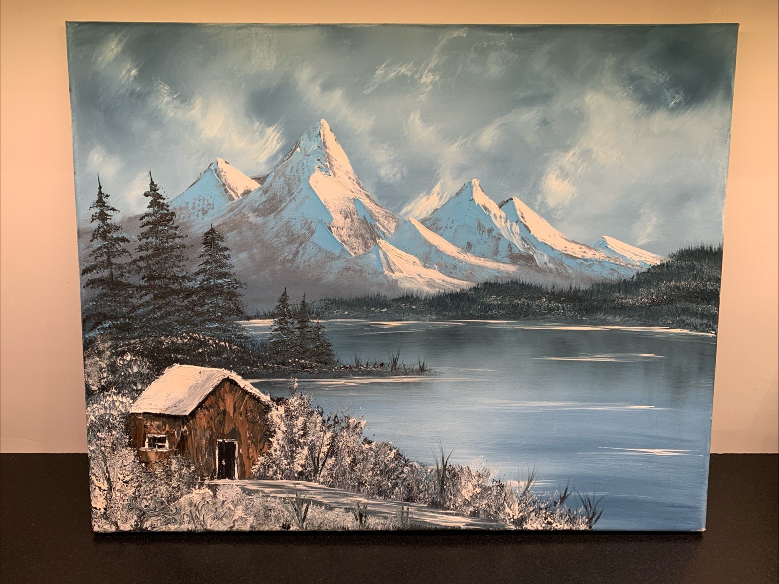 Bob Ross Style Oil Painting Mountain Landscape Snow Cabin Lake Scene Blue Signed