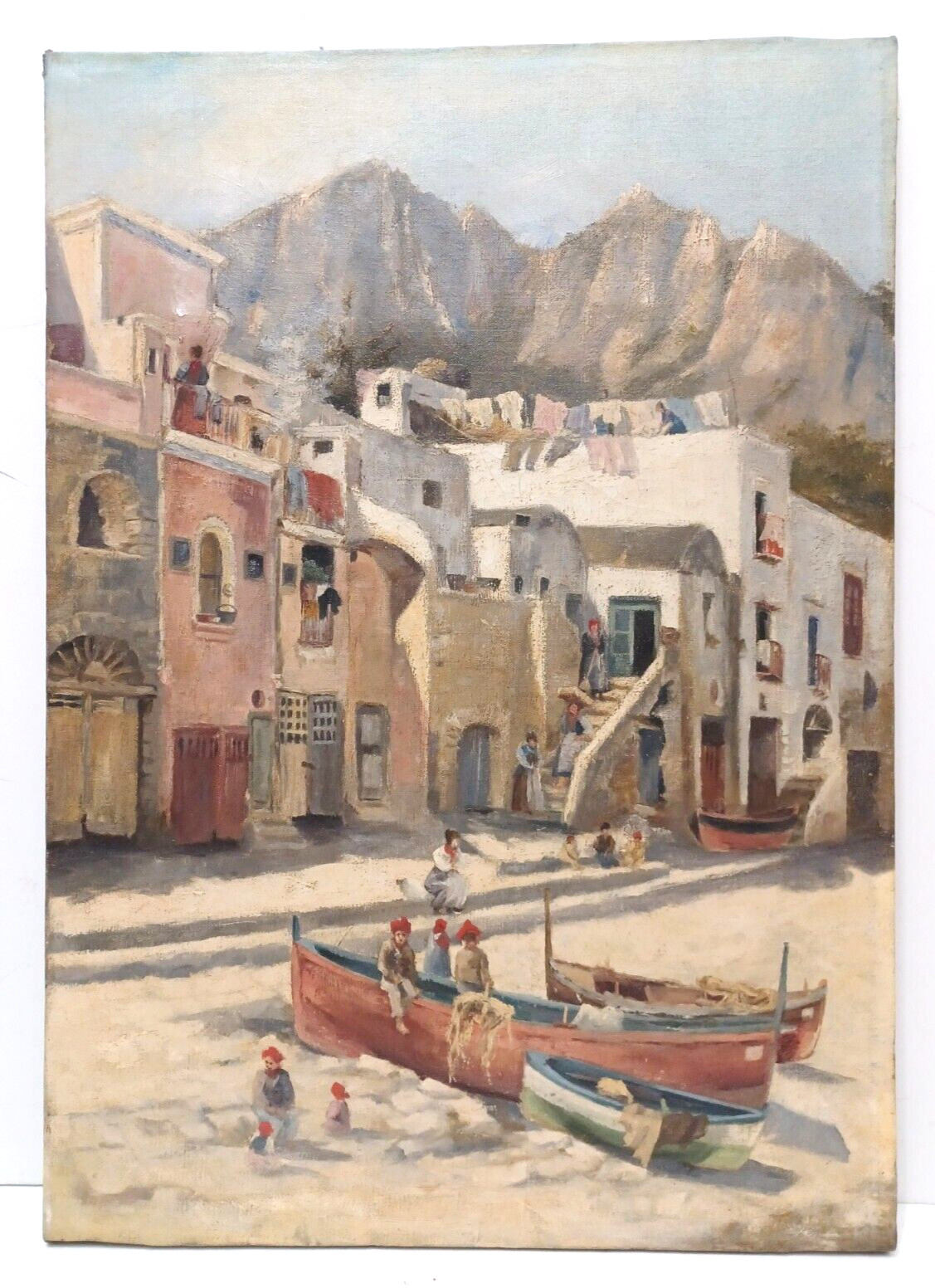 ANTIQUE ORIGINAL OIL on CANVAS MEDITERRANEAN SHORE FISHING VILLAGE w/ FIGURES
