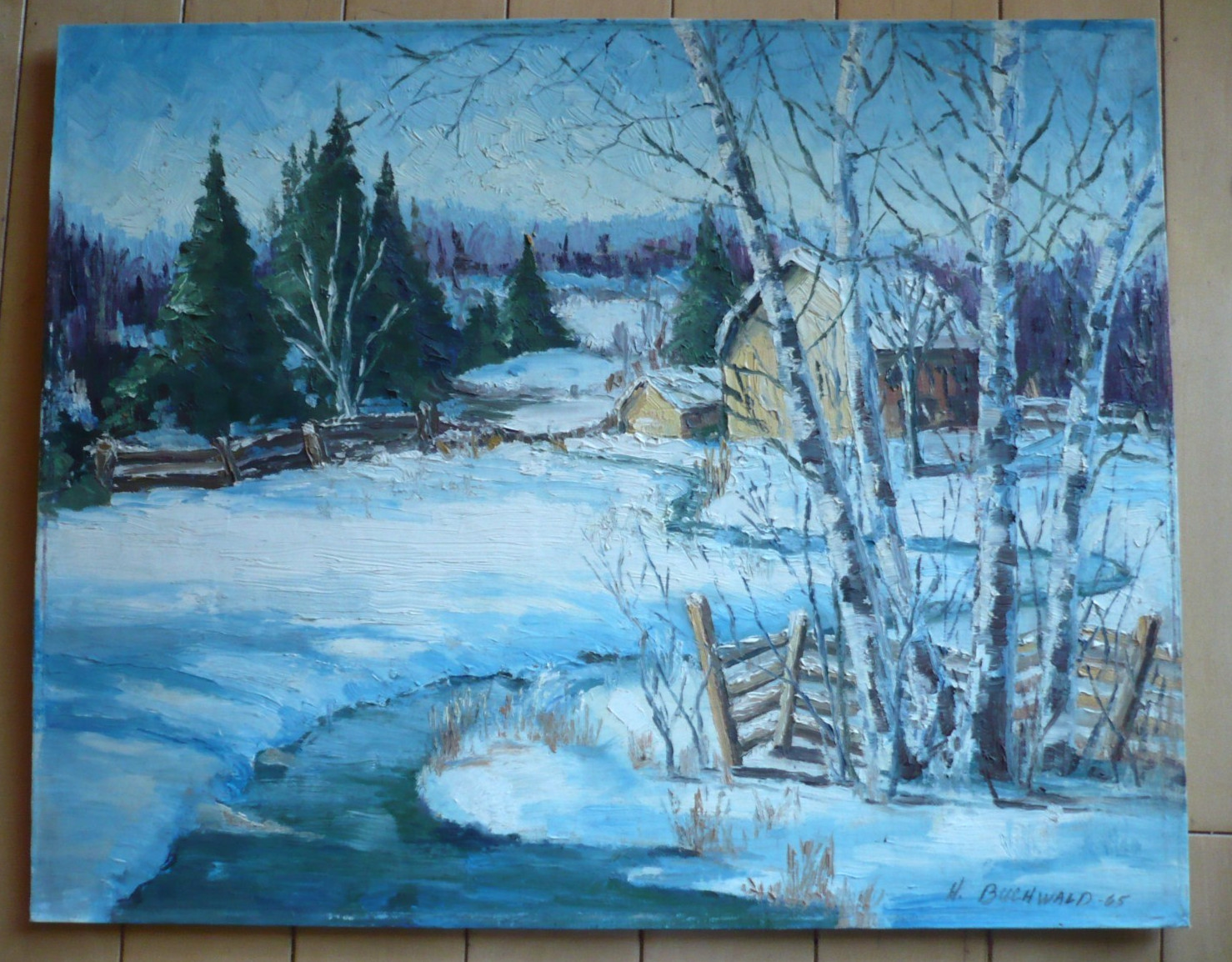 HELEN BUCHWALD, SENECA FALLS NY VINTAGE IMPRESSIONIST SNOW WINTER LANDSCAPE BARN