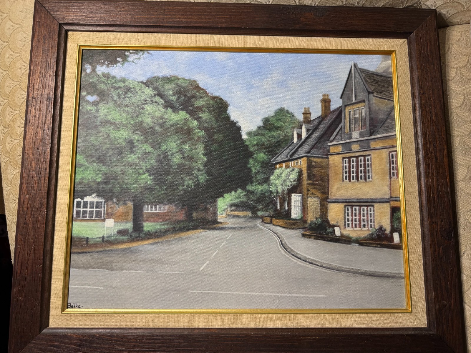 Bakke «European Village Street With Homes Scene» Oil Painting -Signed And Framed