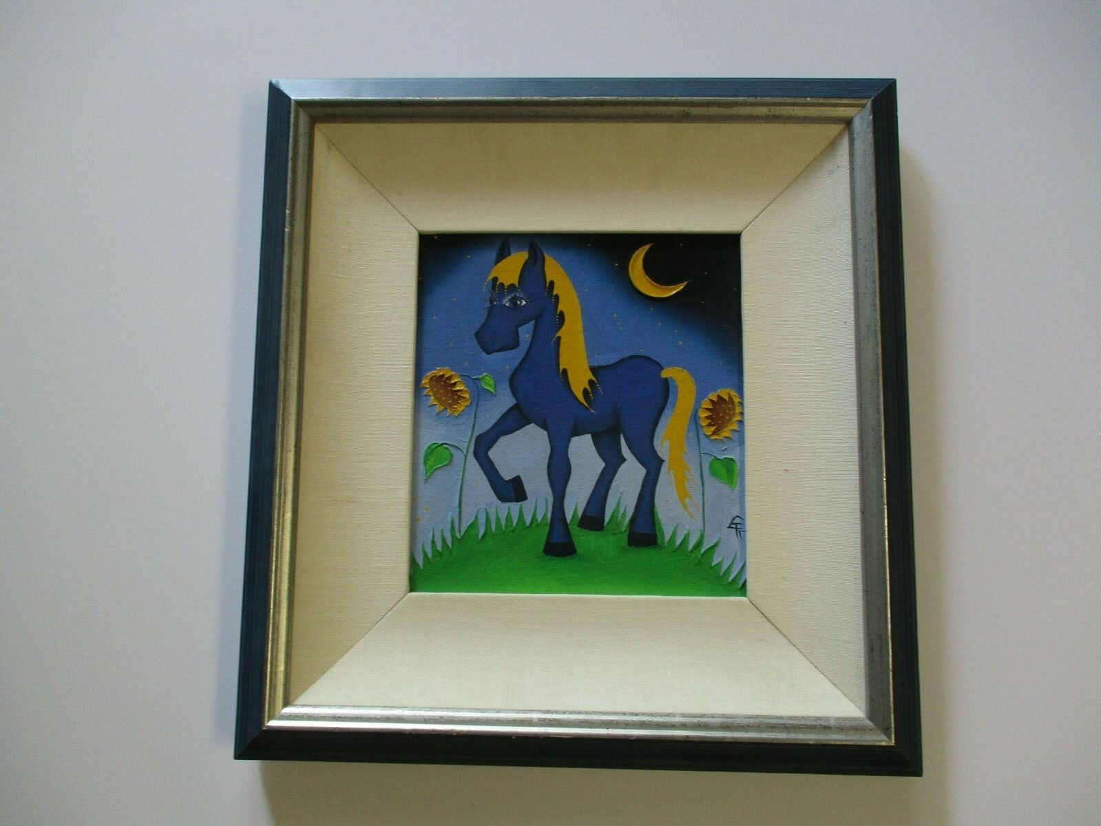 WHIMSICAL PAINTING VINTAGE CONTEMPORARY MOON HORSE LANDSCAPE SUNFLOWER SIGNED