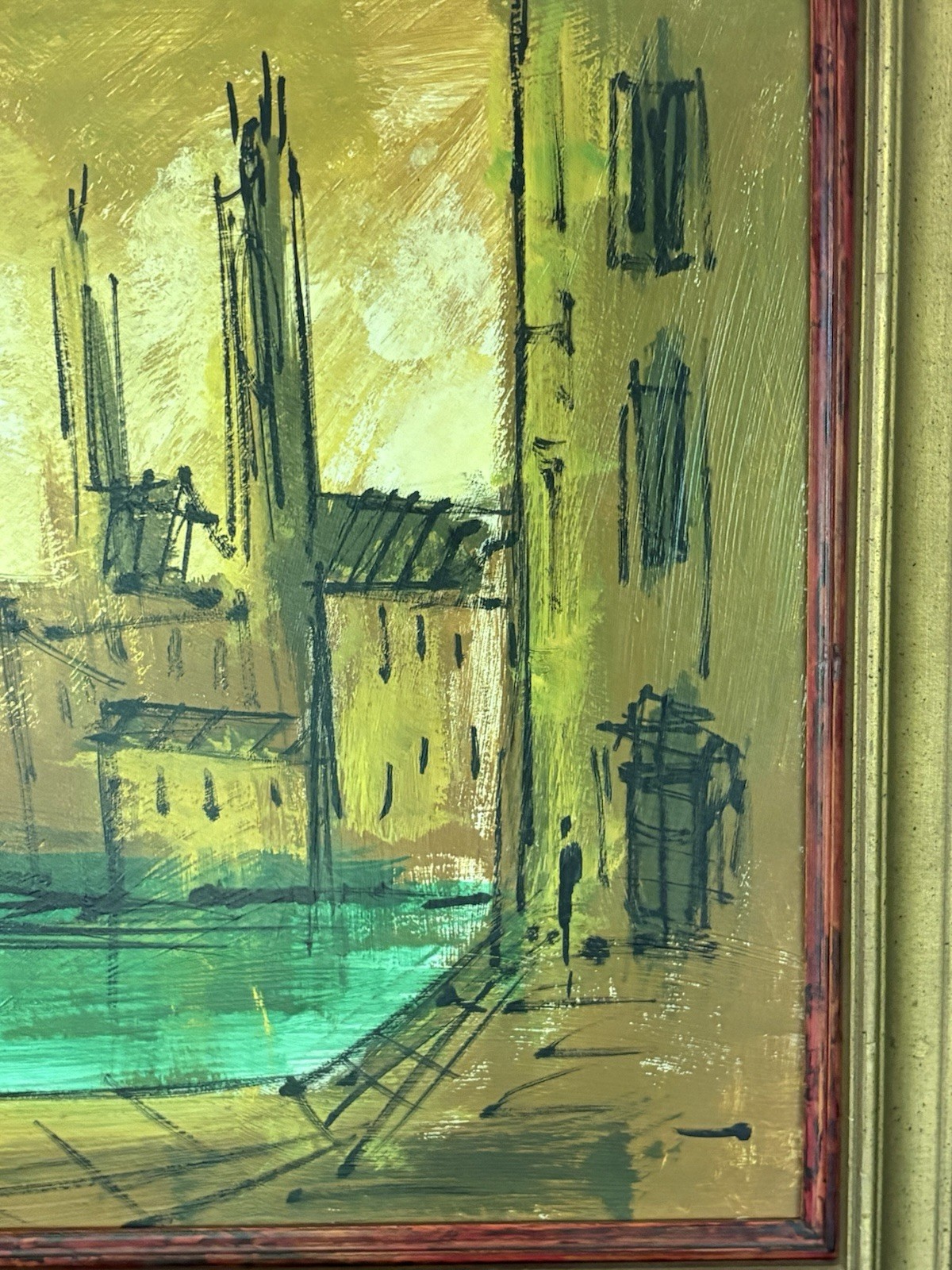 Vintage MCM Impasto Framed Painting Houses on Water Brittini 19” X 19”
