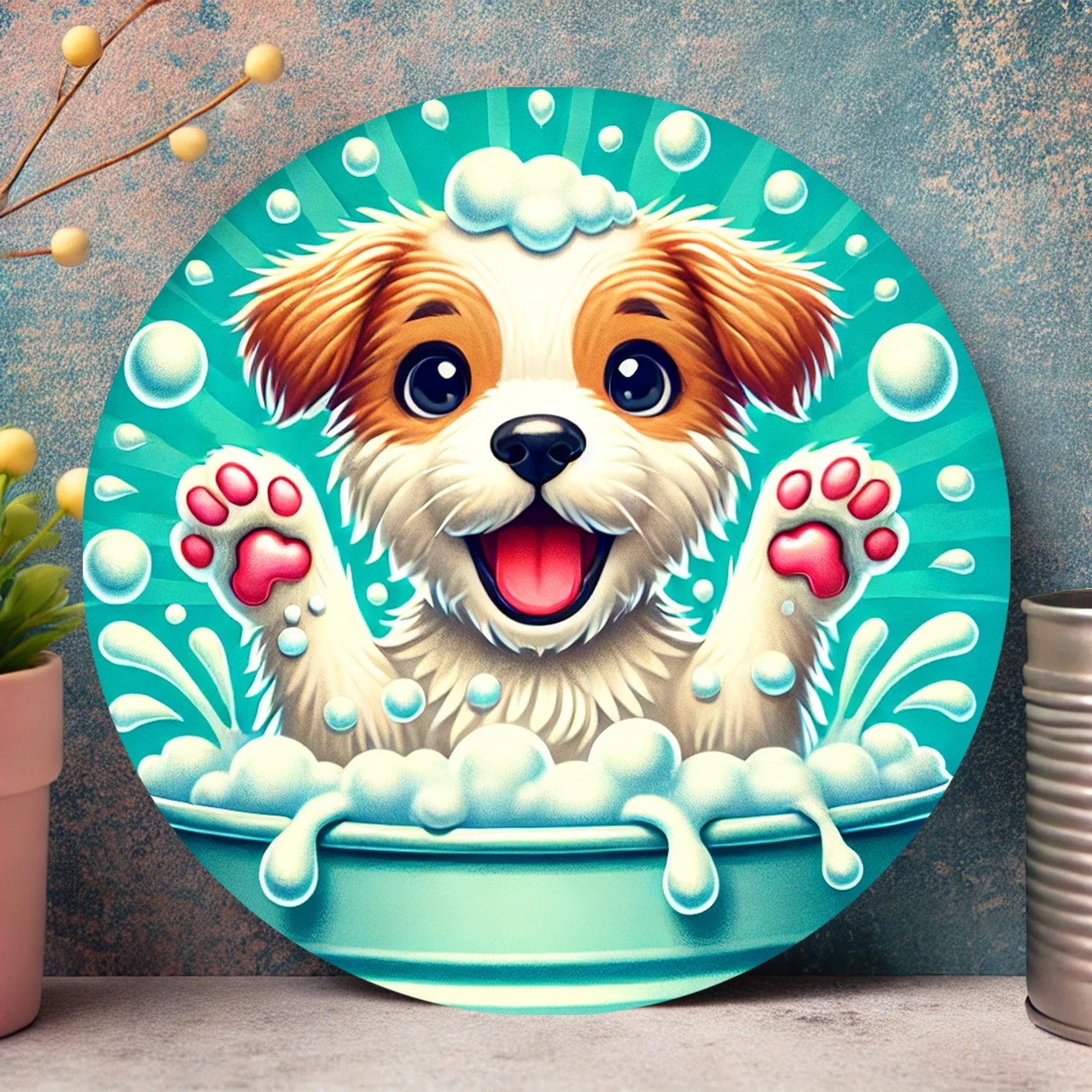 Happy Dog Round Aluminum Sign 2D Foil Engraved Wall Decoration