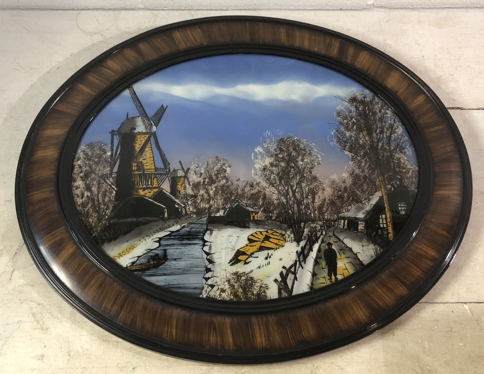 Antique Vintage Reverse Painted Glass Oval Wood Frame Windmill Dutch Holland