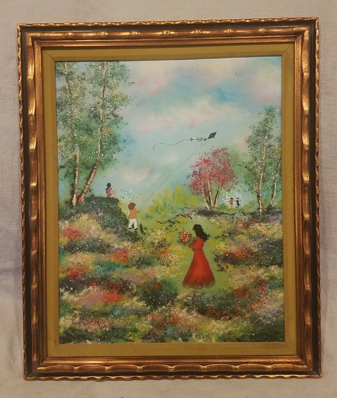 Vintage Oil Painting on Cooper, Lady and Kids Playing in a Flower Field CARDIN??