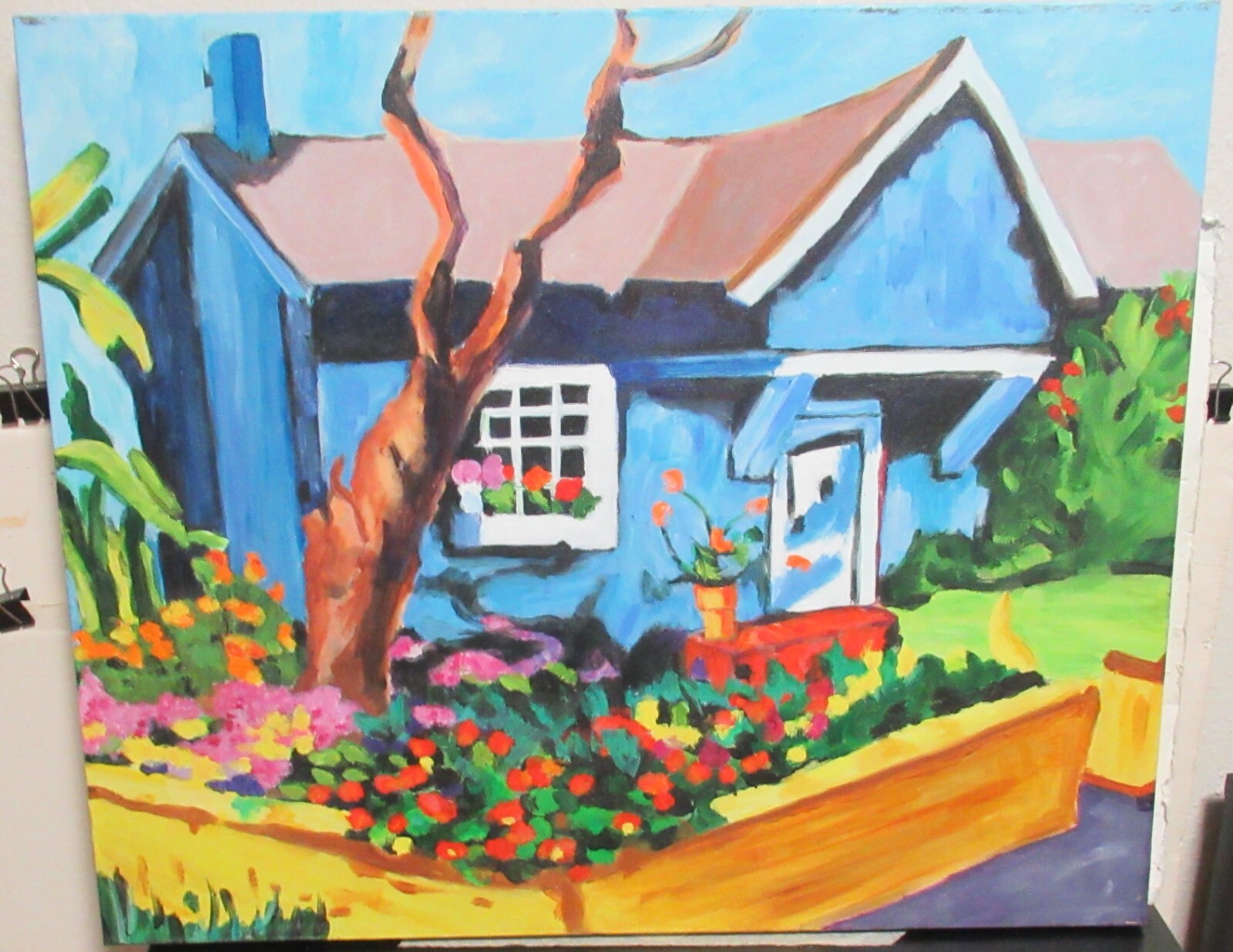 BLUE HOUSE FLORAL GARDEN LARGE OIL ON CANVAS PAINTING UNSIGNED AND UNFRAMED