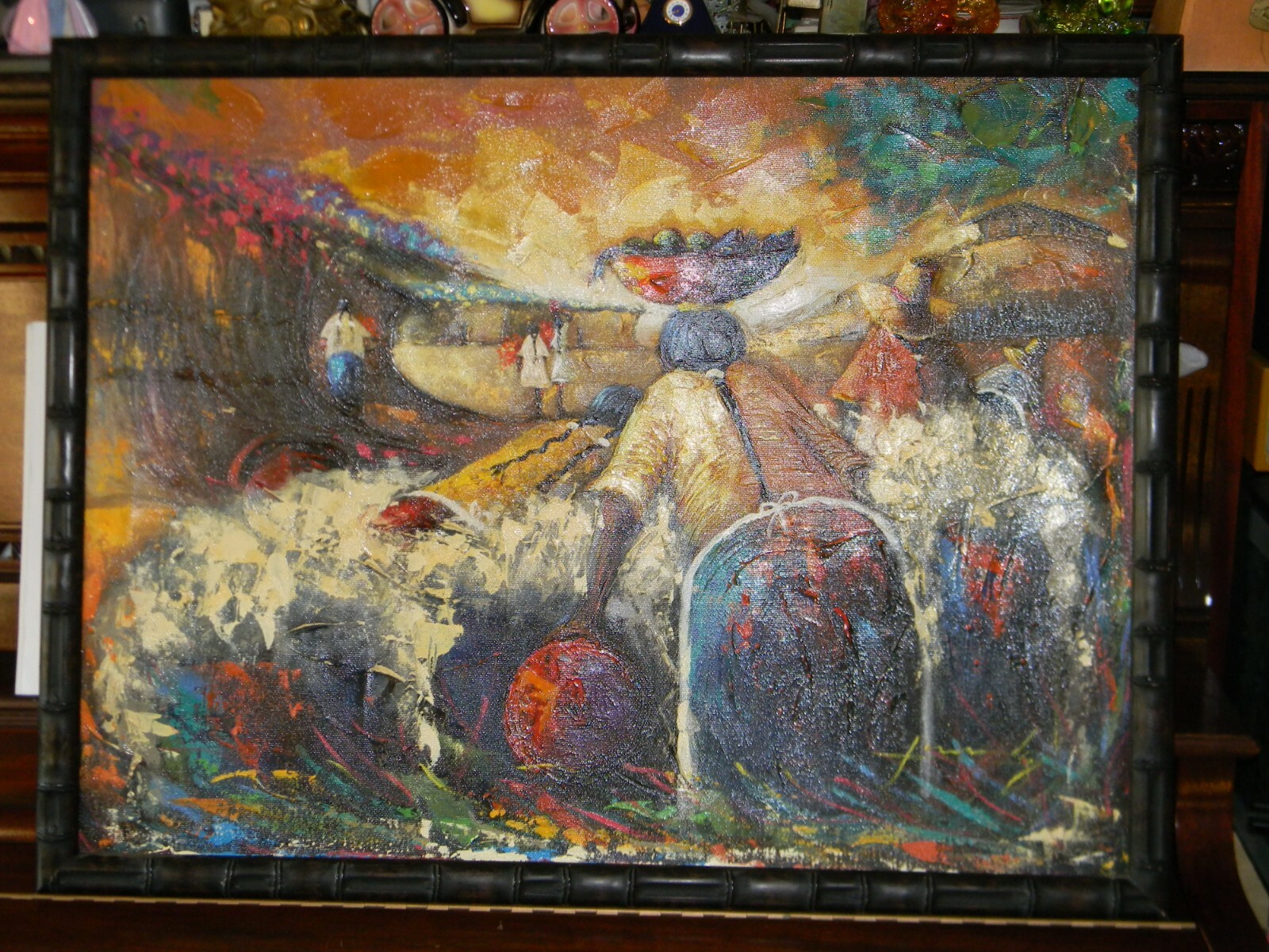 Vintage Original 26×32″ OIL PAINTING «Flower Market Place» Women