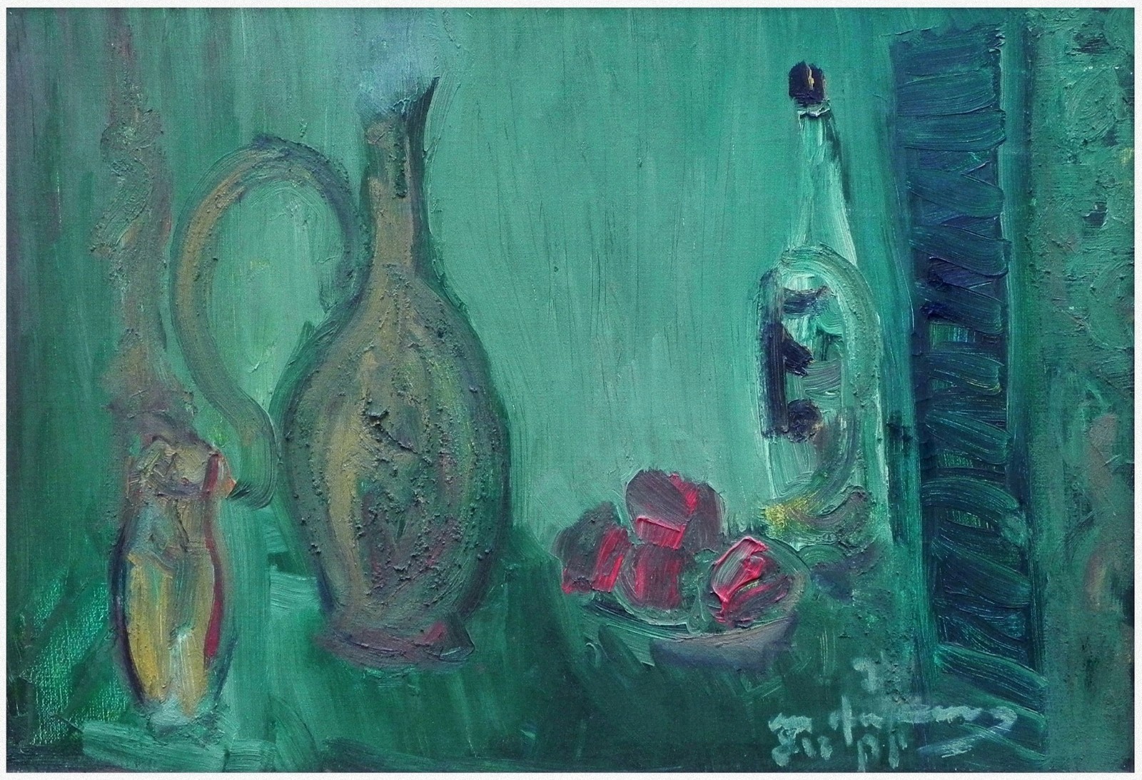 Shlomo Van Den Berg: Still Life in Green 1974/ Israeli Jewish German Modern Oil
