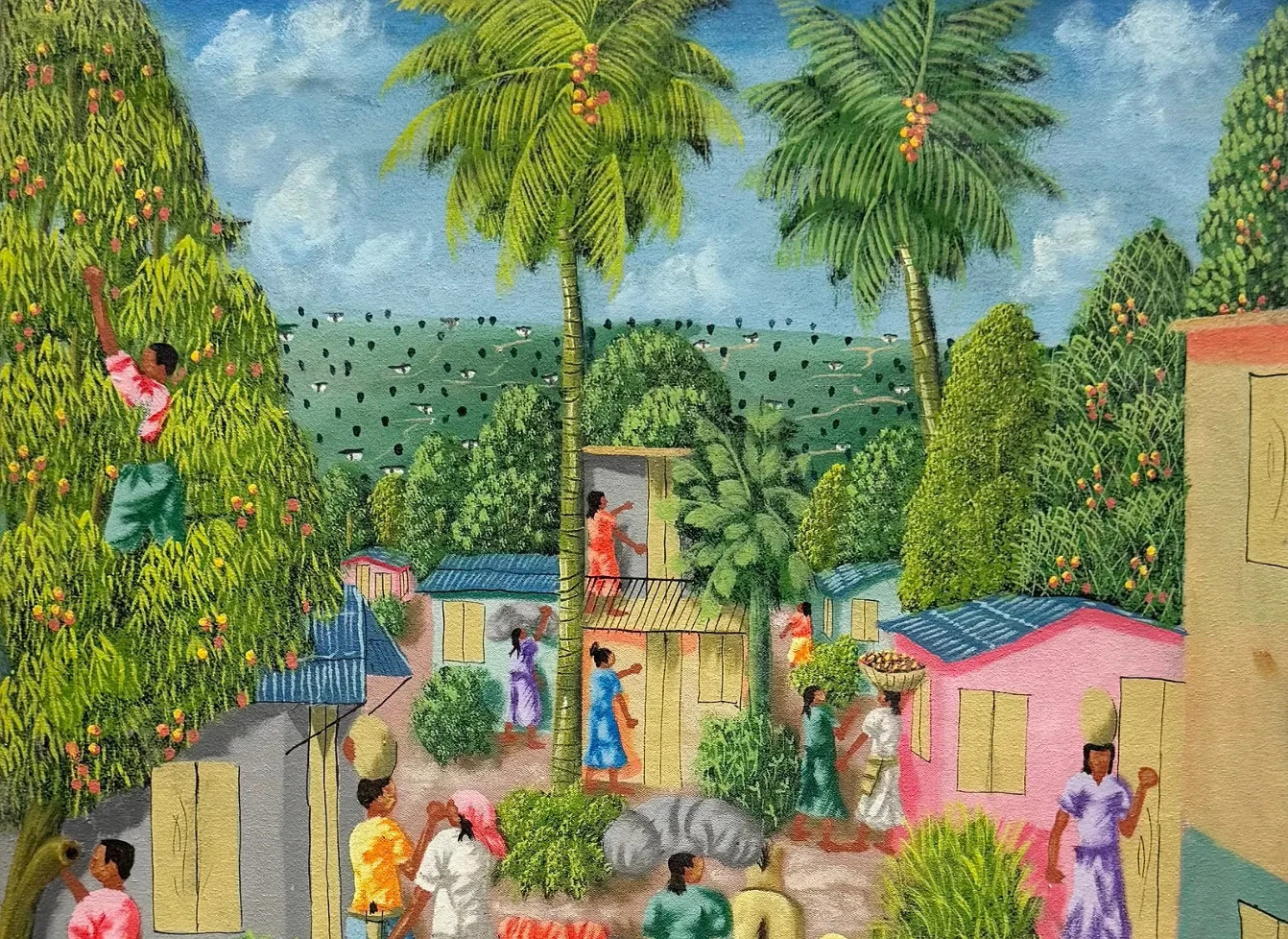ORIGINAL HAITIAN ART PAINTING BY YL ALABY MARKET VILLAGE INHABITANTS 24X20 In.
