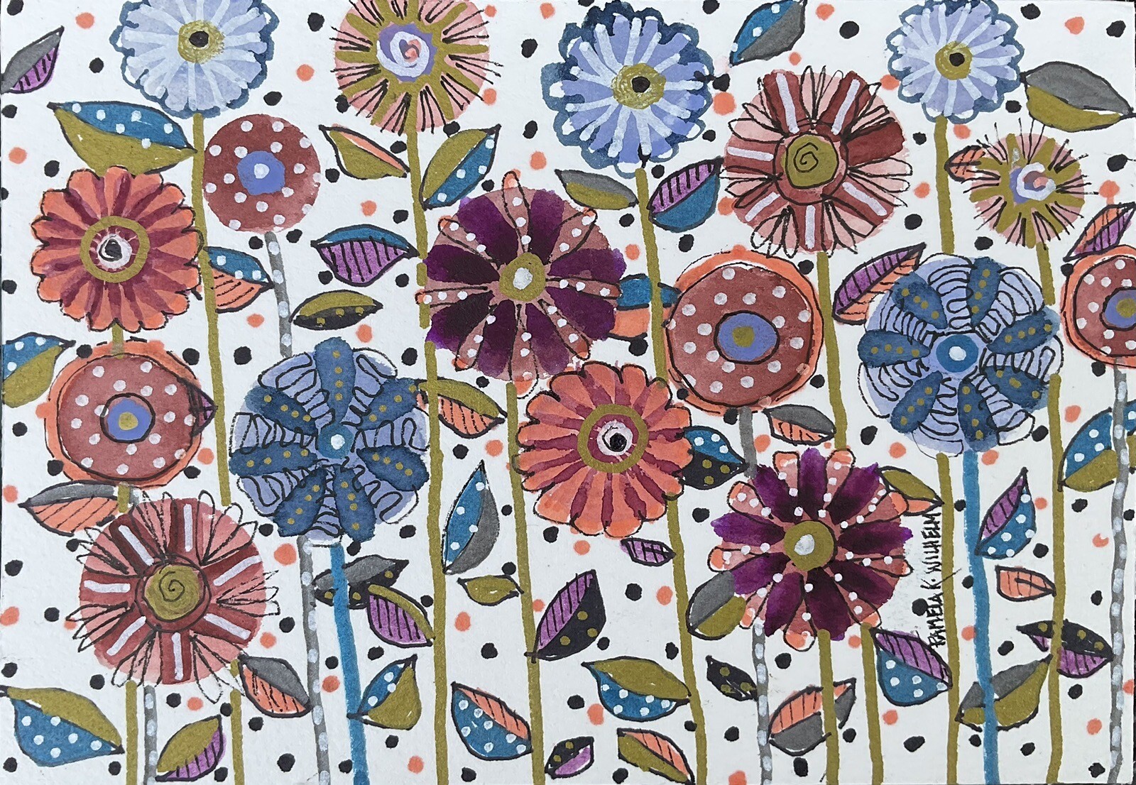 Pamela Wilhelm original 5×7 Fun Whimsical Floral Watercolor Blue Coral Burgundy