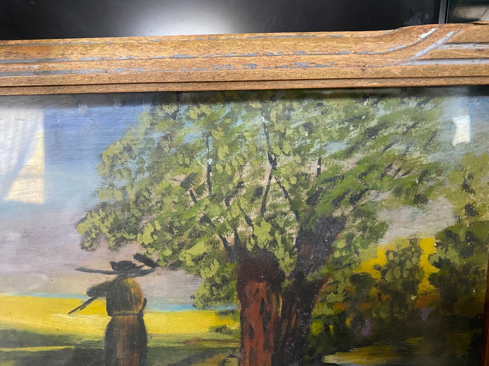 Original Oil Painting Unsigned Landscape Farming W/ Hand Carved Walnut Frame