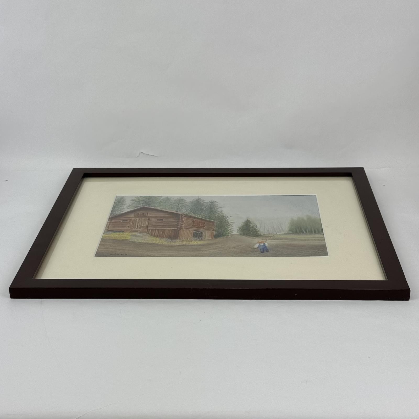 Framed Pastel Painting Man W/ Fishing Pole Walking By A Log Building Signed