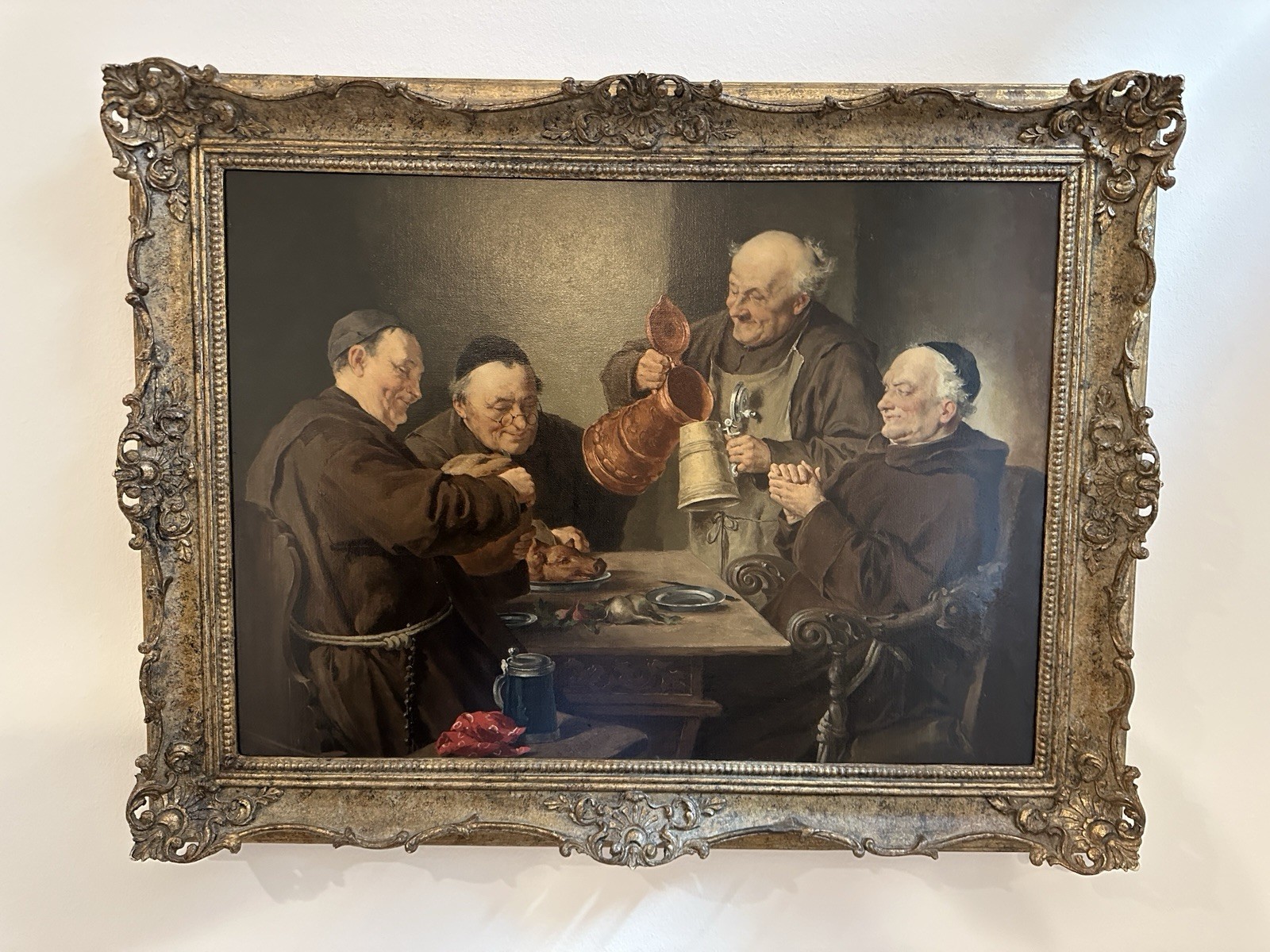 Monks at Table with Stein – Signed “E. Grutzner” – Oil on Wood Panel Painting