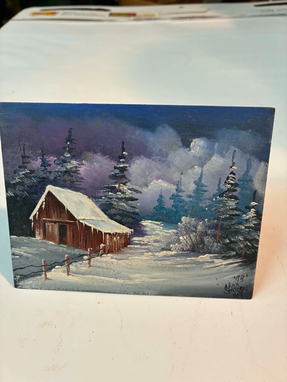Vintage Winter Landscape Oil Painting Signed Ann ’93 Rustic Snow Cabin Barn