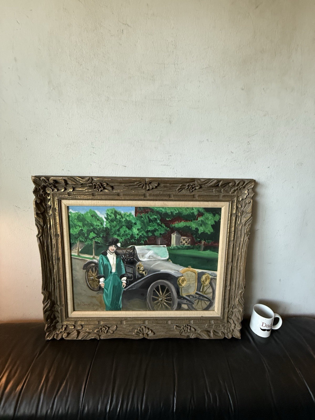JAMES SHAVER ANTIQUE FIGURATIVE AUTOMOBILE LANDSCAPE OIL PAINTING VINTAGE CAR 40
