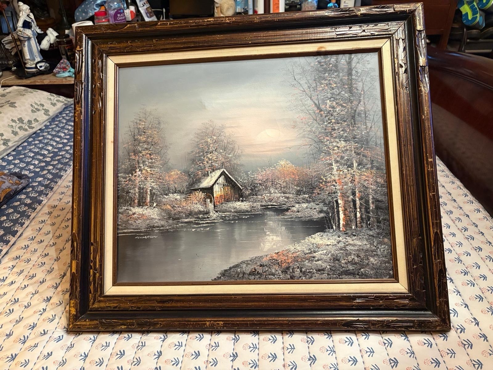 Vintage Henderson Winter Landscape Oil Painting Large Framed Cabin Canvas Art