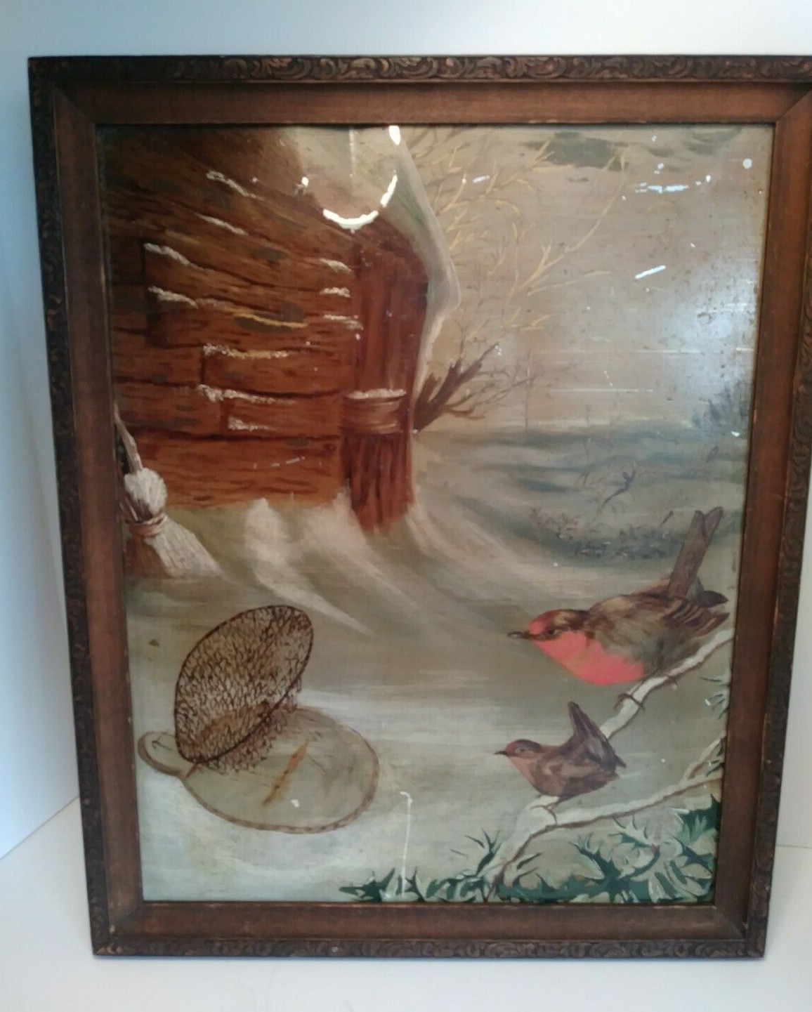 Ant.Folk Art Country Painting on Tin of Winter Scene by Mrs Clara Baldwin d 1936