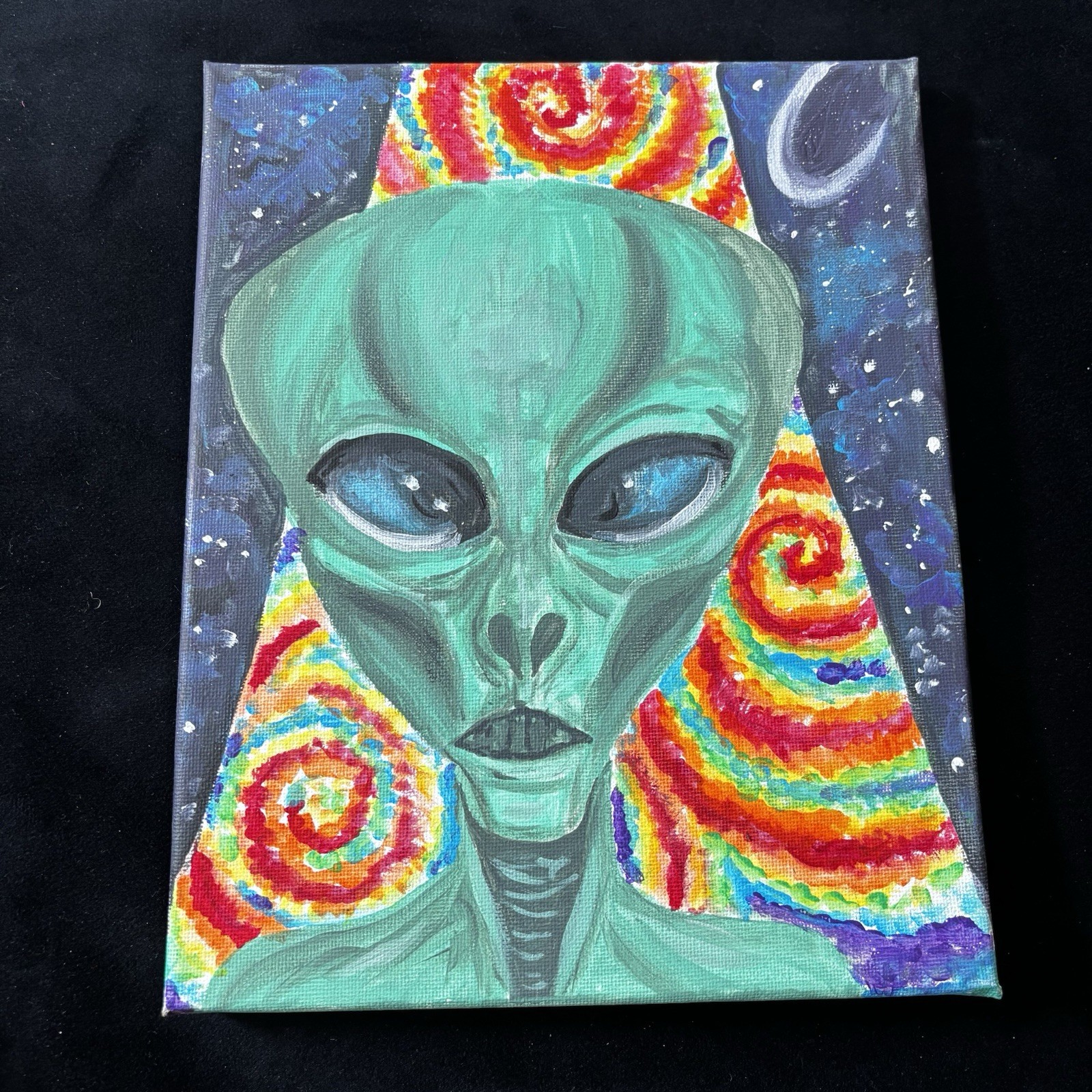 Art By Sophia Original Alien Panting Psychedelic Space Art UFO Canvas Signed