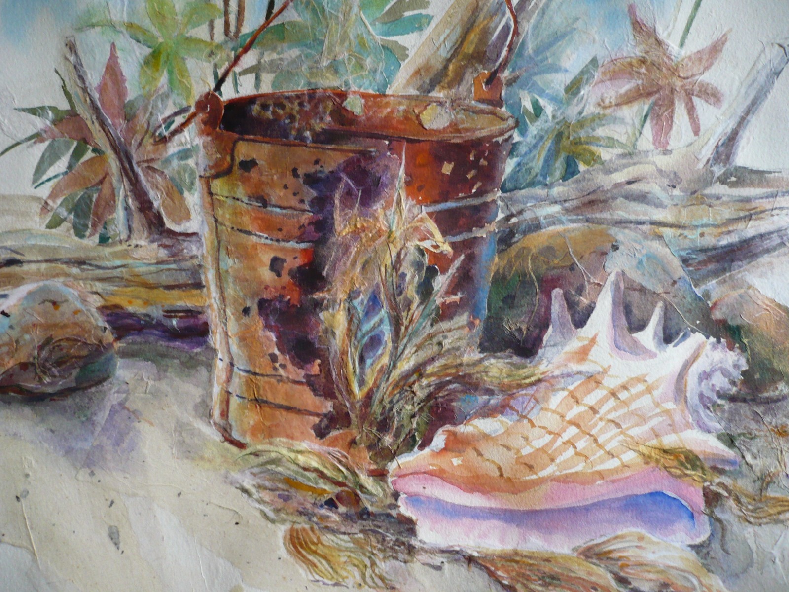 SIGNED TROUT, VINTAGE IMPRESSIONIST WATERCOLOR SHELL AND BUCKET TROPICAL BEACH