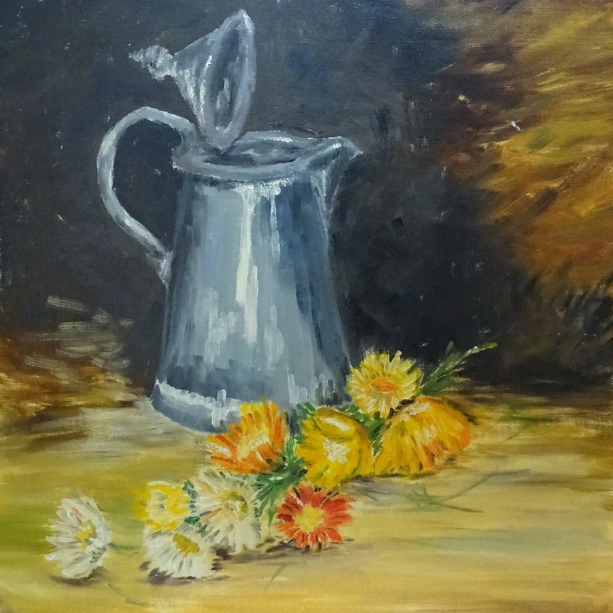 Vintage Primitive Original Naive Still Life Oil Painting Pewter Pitcher 20×16