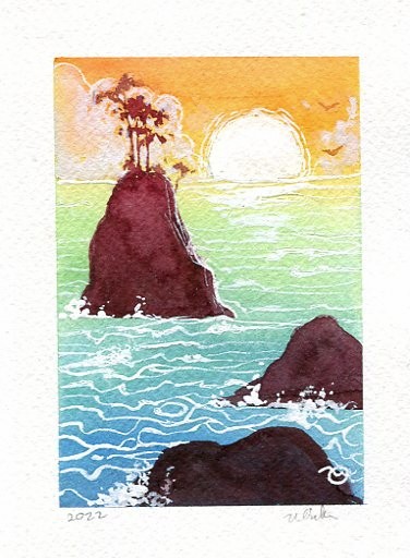 Original painting tropical sunset seascape OOAK approx 5×6.75″ dimensions signed