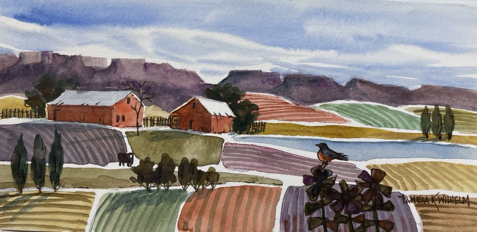 Pamela Wilhelm original 4”x8” Watercolor patchwork farm purple mountains, barn