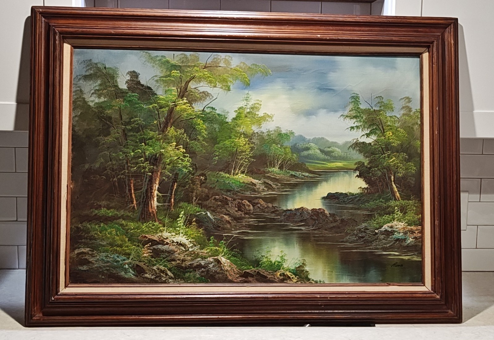 Vintage Forest Landscape Canvas Oil Painting Reeves Signed Framed 44×32″