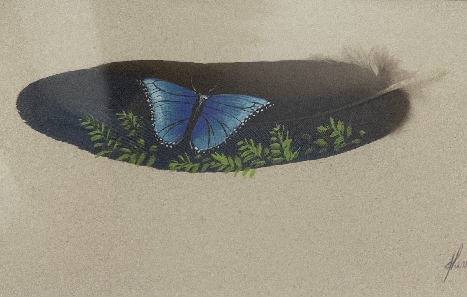 Matted and Signed Hand Painted Blue Butterfly with Leaves on Feather 2002 New!