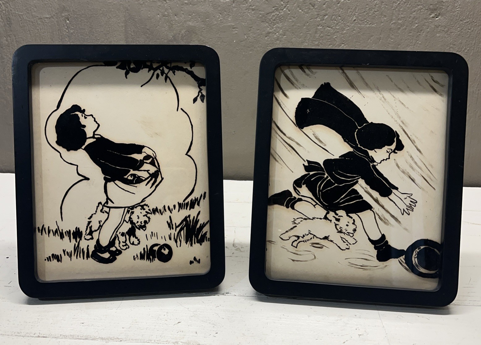 Vintage Little Girl & Dog Reverse Paintings on Glass Gather Apples & Chasing Hat