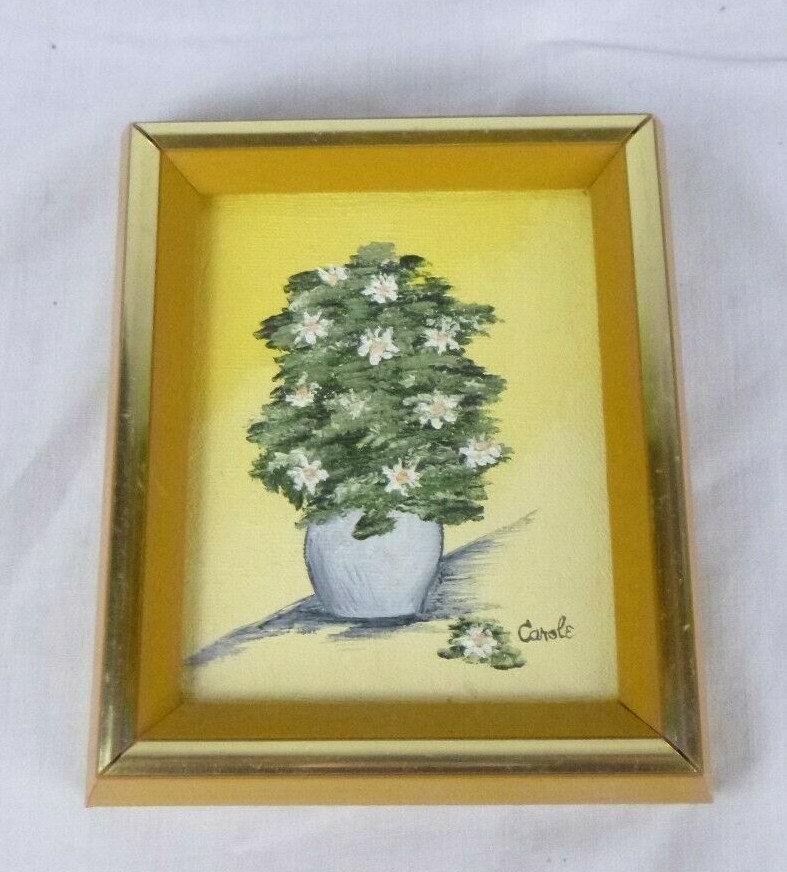 Vtg Miniature Oil Painting Daisies in Vase Framed Signed Carole 5.25″ x 6.25″