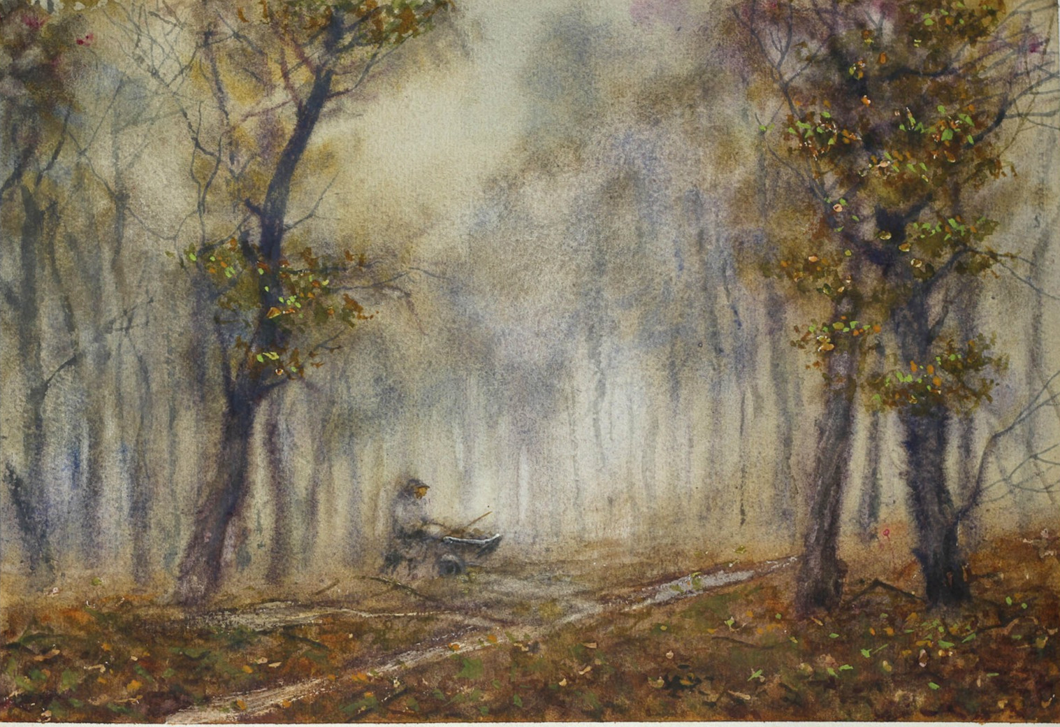 Autumn Landscape Watercolour Painting Original Foggy Morning Park Country Art