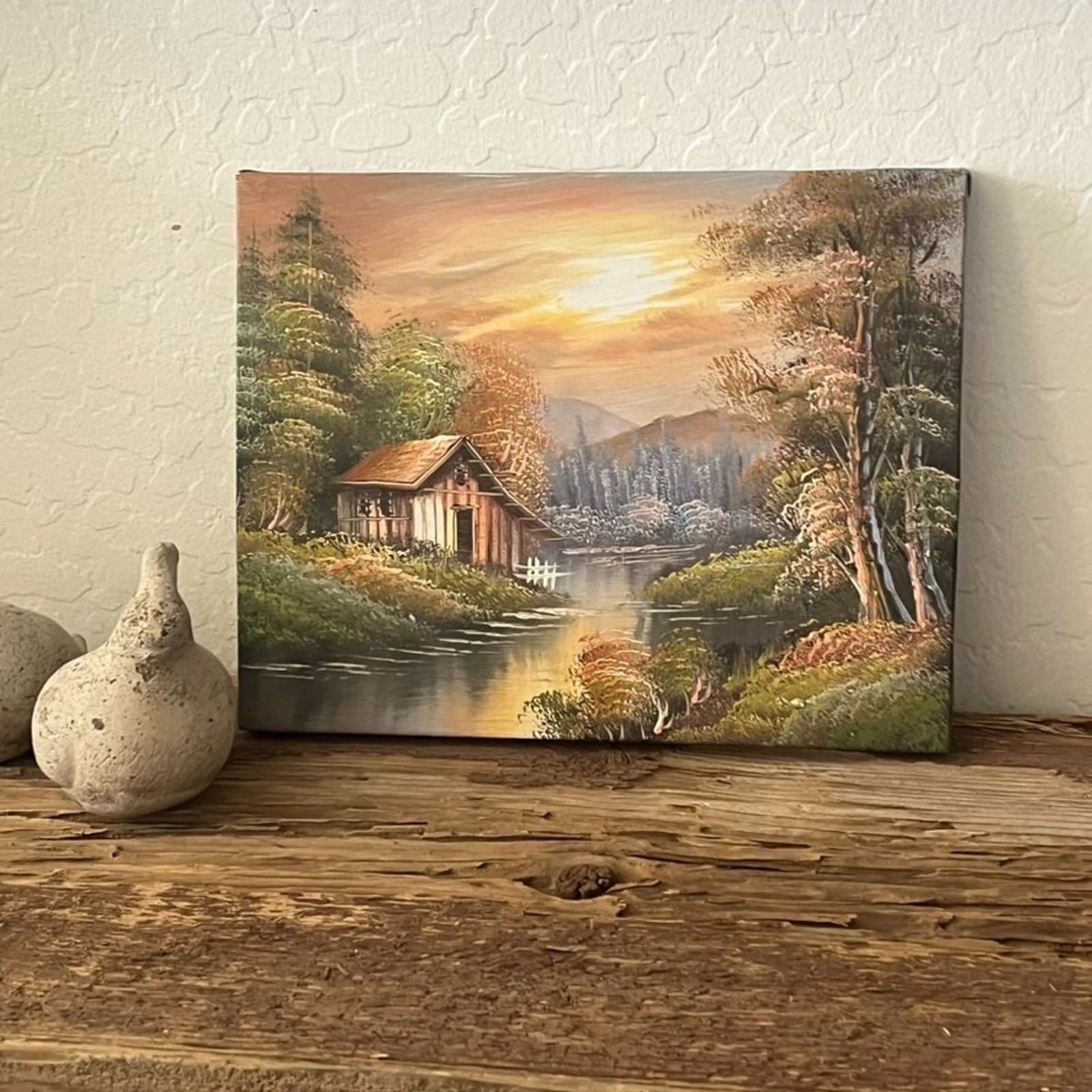 Oil Painted Landscape on Canvas 8 x 10 in Rustic Cabin in Forest