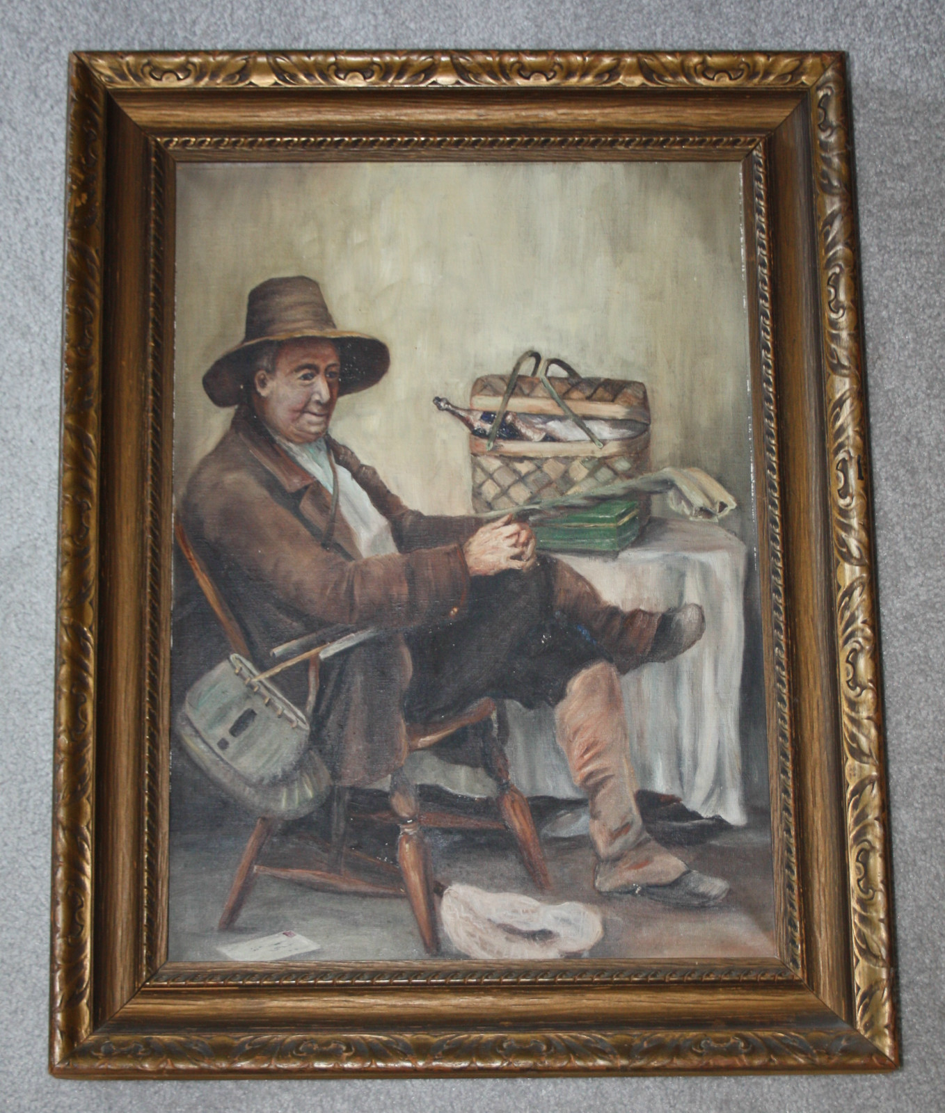 Waiting for the Fishing Party after LC Earle Vtg Antique Oil Painting Tobacco