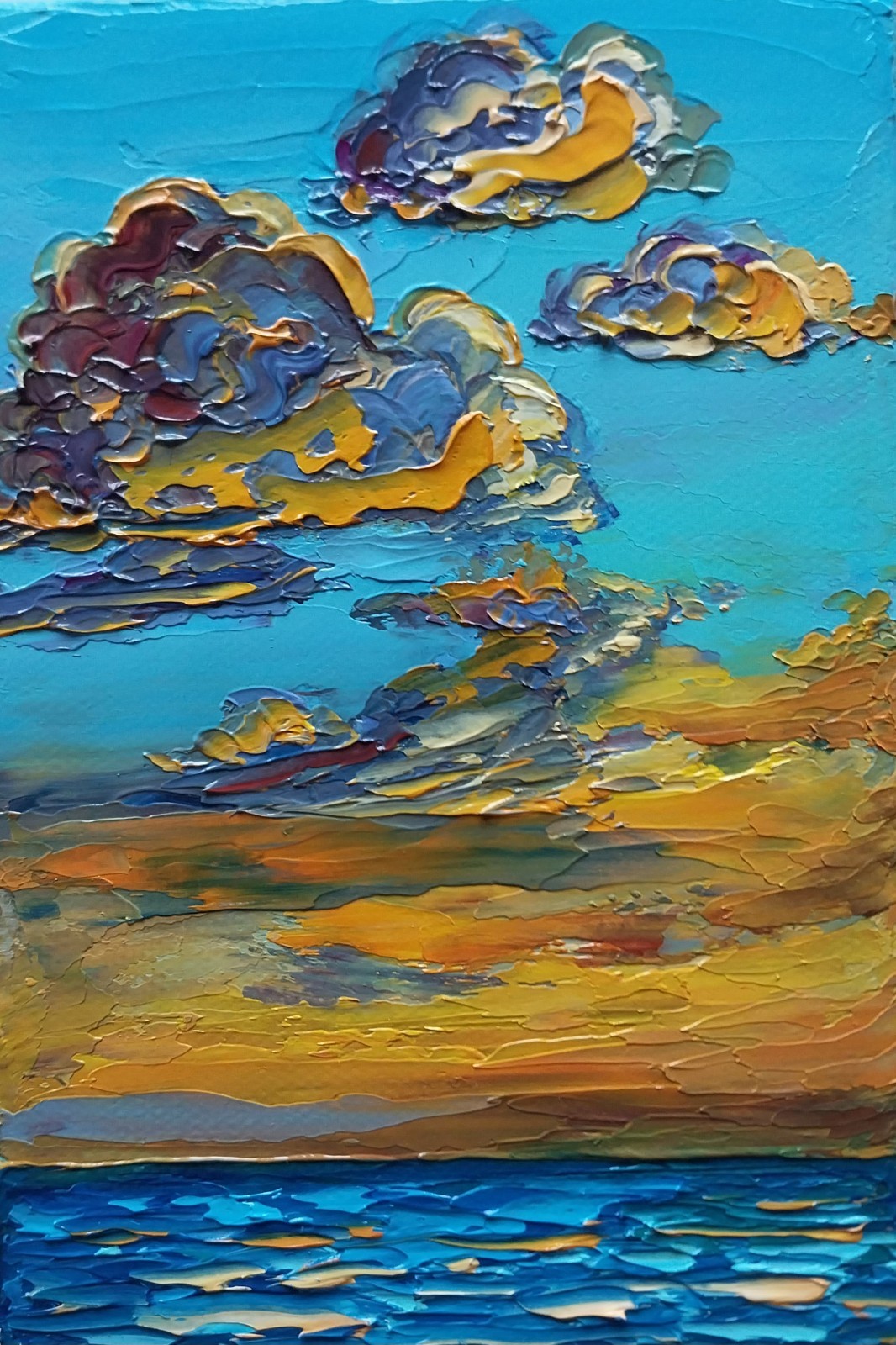 Mini Canvas Seascape Sunset Golden Clouds Over Sea 4×6″ Original Oil Painting