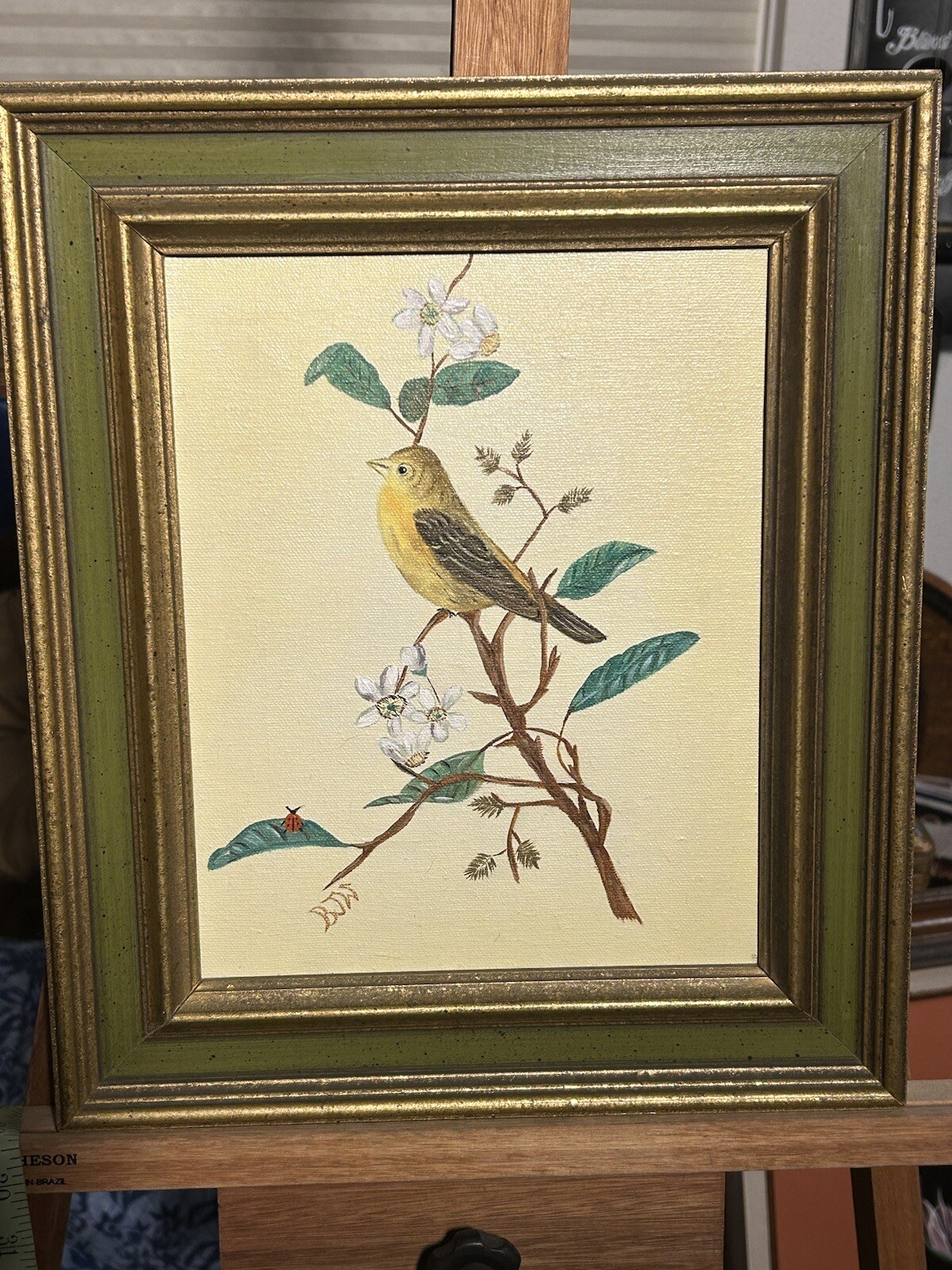 Original Naive Oil on Canvas, Goldfinch and Cherry Blossoms, Signed
