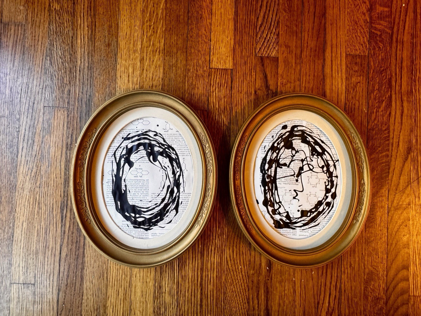 9×12 Modern Set Of Acrylic Abstract Small Painting With Vintage Gold Oval Frames