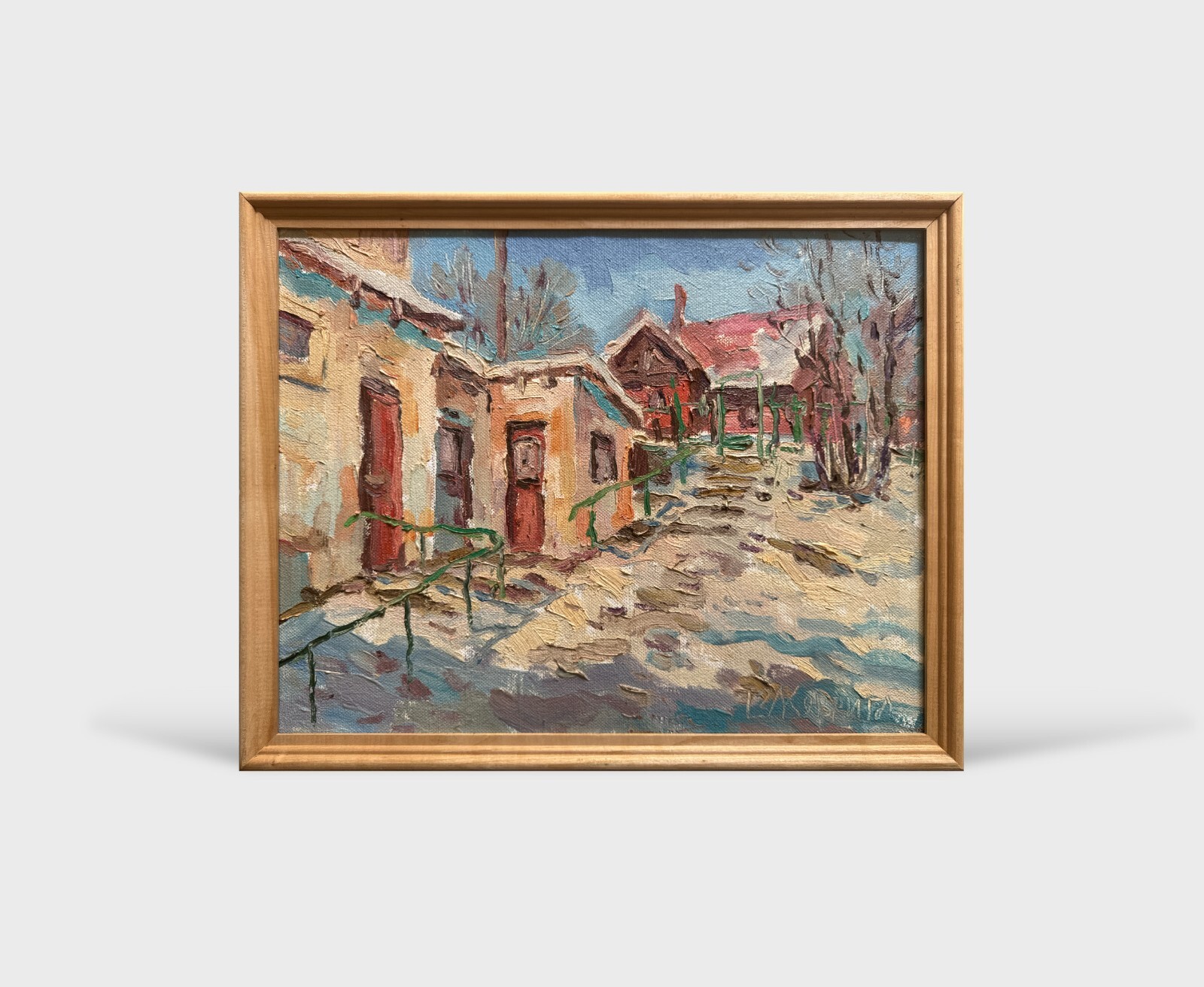 Oil painting Snowy yard Ukrainian painter Canvas Framed original winterscape
