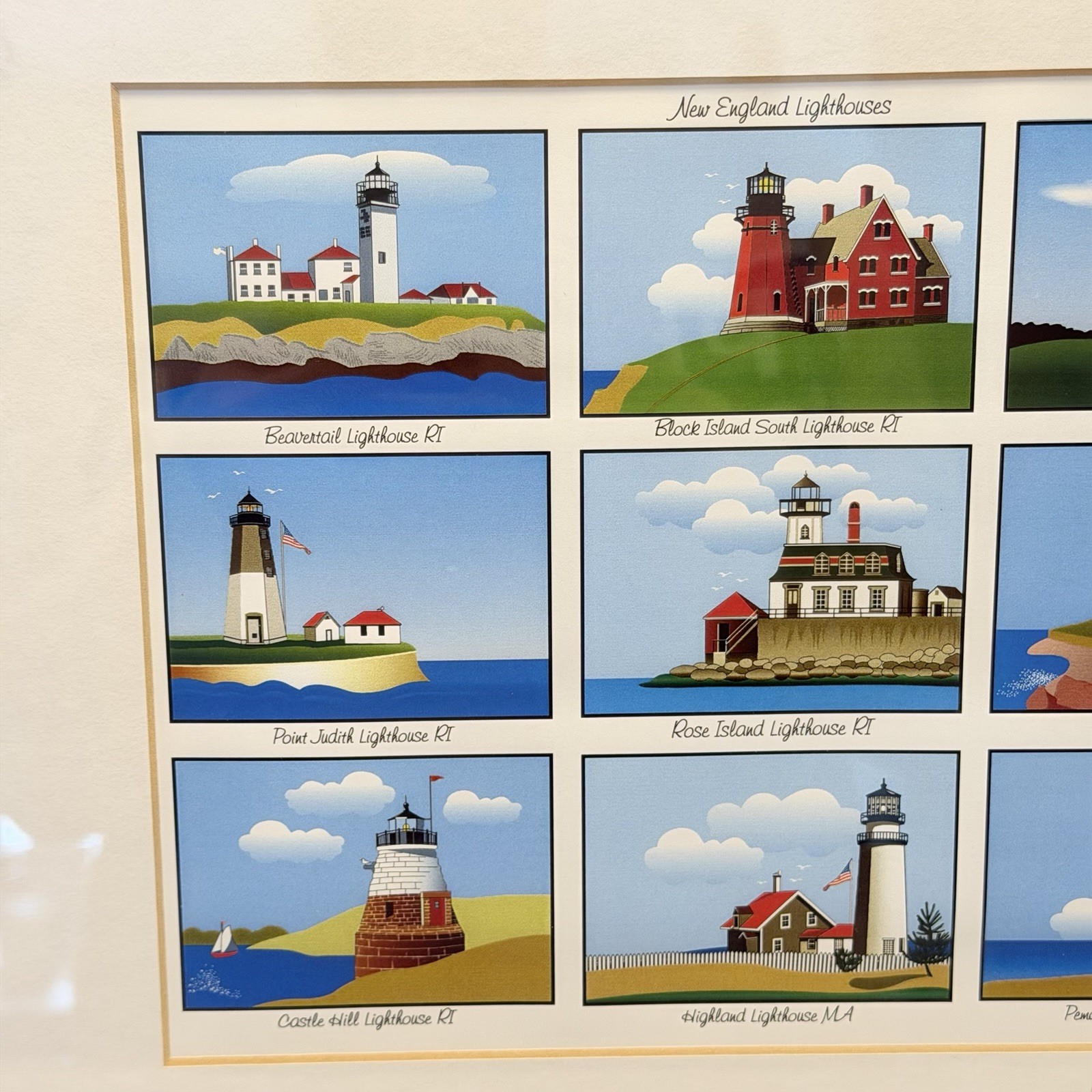 VTG Lighthouse Print Signed Coastal New England Art Watch Hill Beavertail RI MA