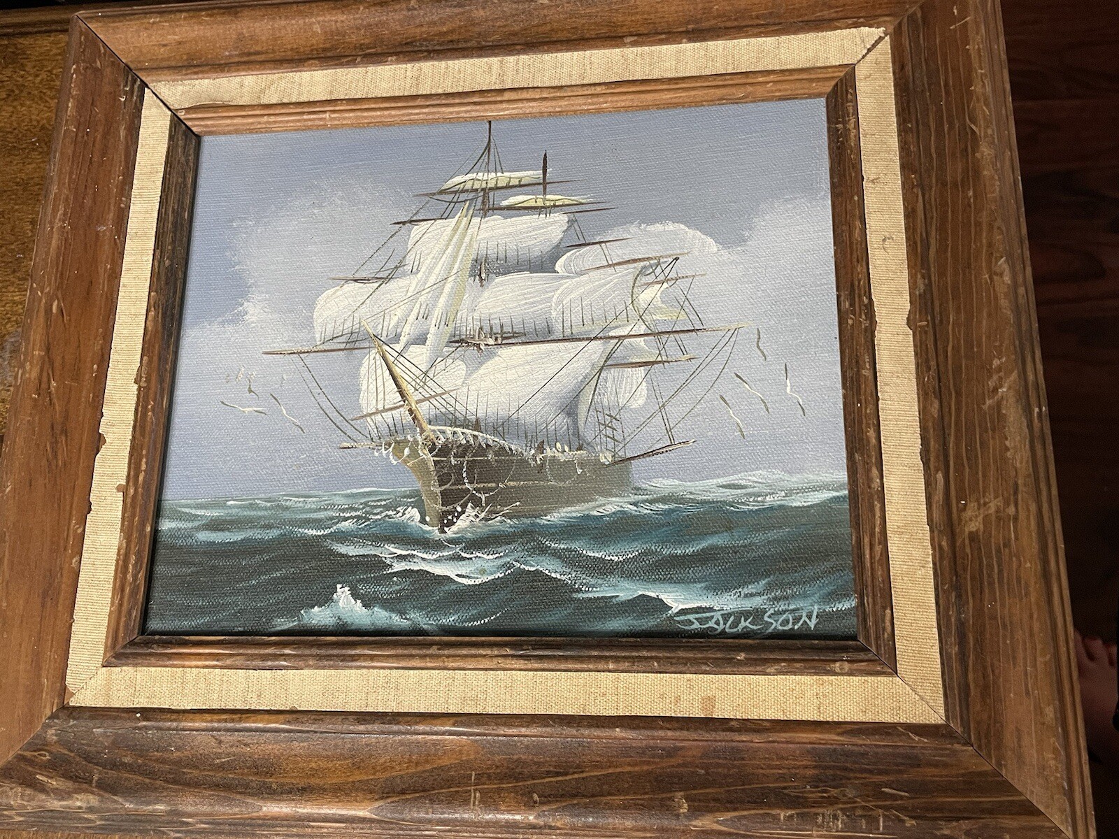 8″x10″ JACKSON Signed Sailing Ship Oil On Canvas on Board in 14.5″x12.5″ Frame