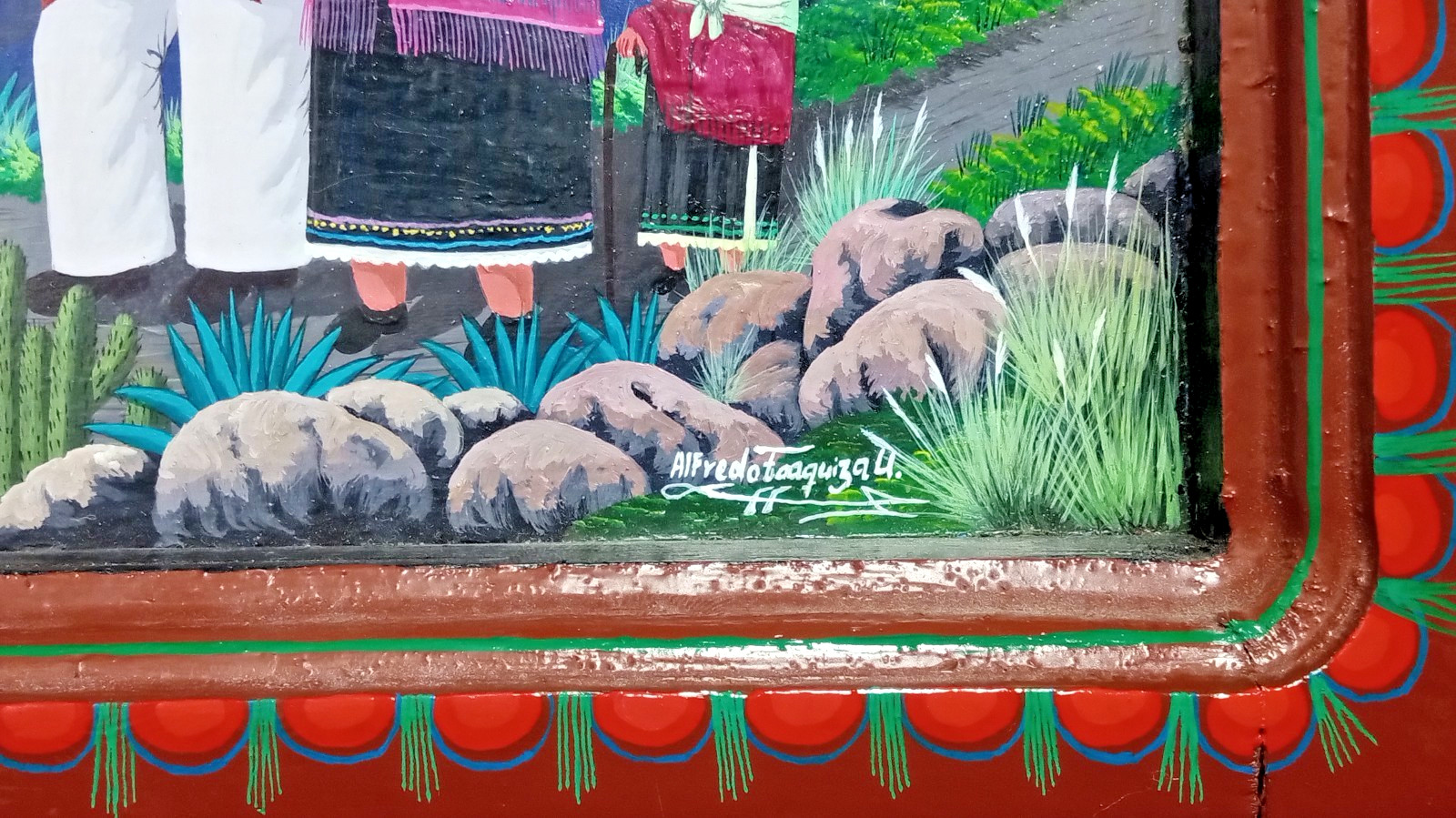 Alfredo Toaquiza Signed Original Tigua Ecuador Folk Art Painting on Sheepskin