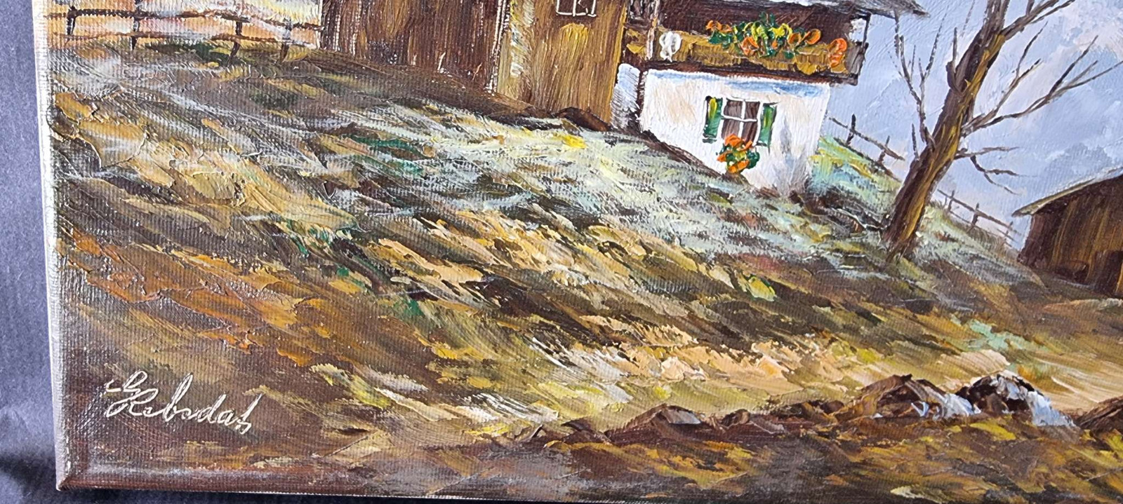 OIL PAINTING SIGNED MOUNTAIN LANDSCAPE MOUNTAINS HUT measures approx 40 x 30 cm