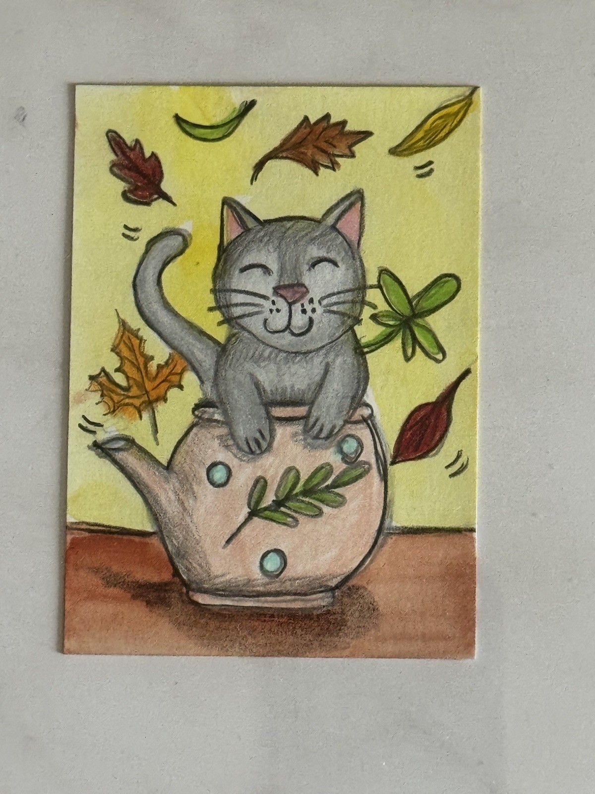 Aceo Original Art Trading Card, Autumn/Fall Tea time, cat, Art By Sommer Rayn