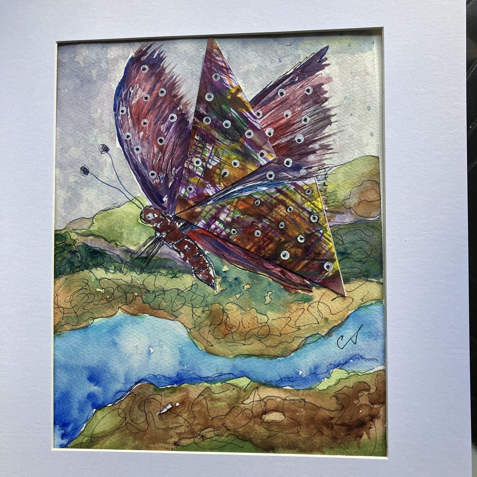 Original Abstract Art Dragonfly Mixed Media, Watercolor Signed 11×14 Matted