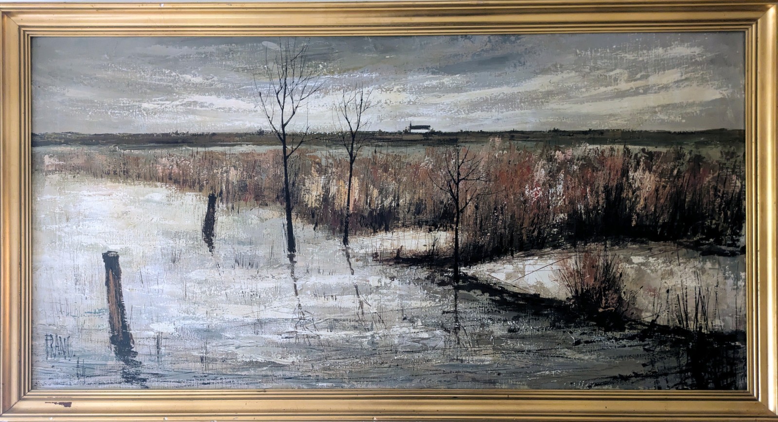 40″ Vintage midcentury 1965 French Impressionist Winter Landscape Painting FRANC