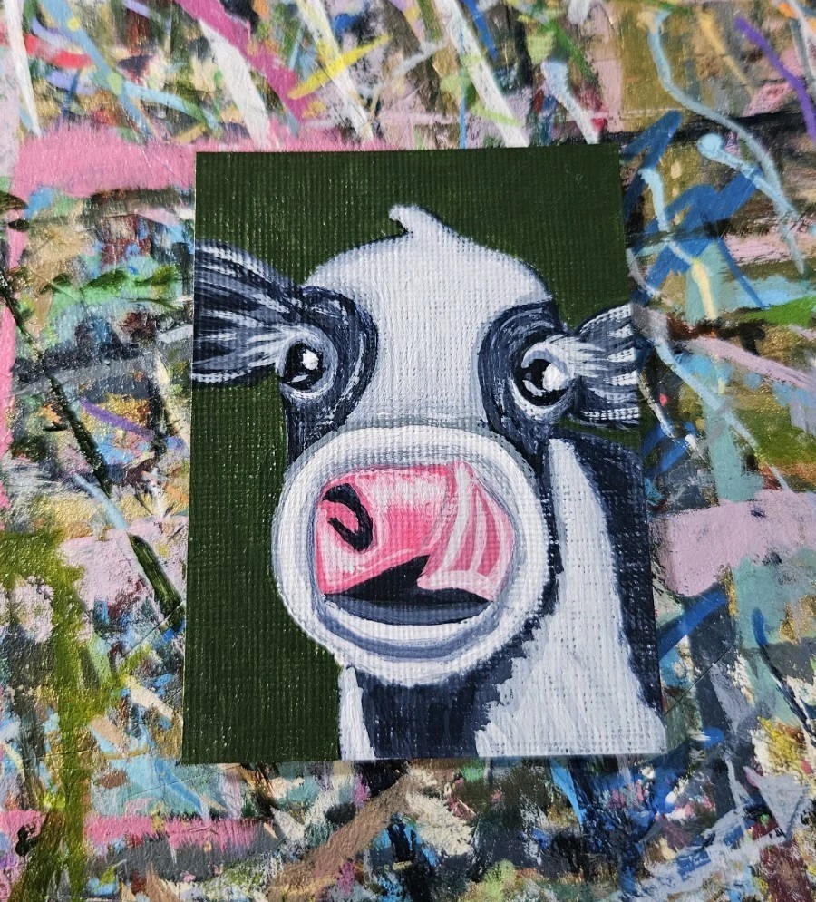 ACEO Cow Licking Nose Mini Painting Original Acrylic Art Signed Animal Artwork