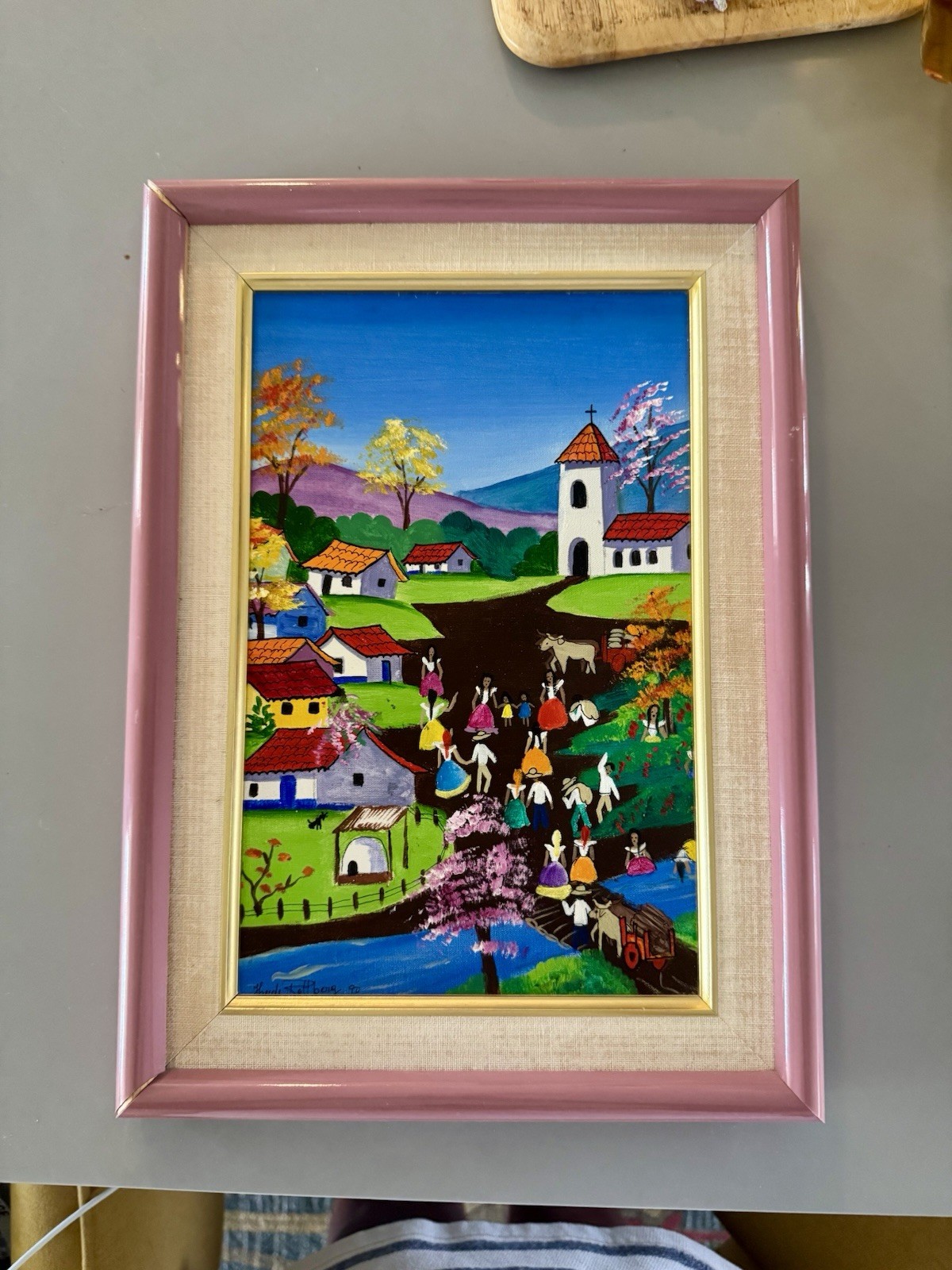 Vtg 90s Peruvian Folk Art Oil Painting Family 14×10” Framed Outsider Art Peasant
